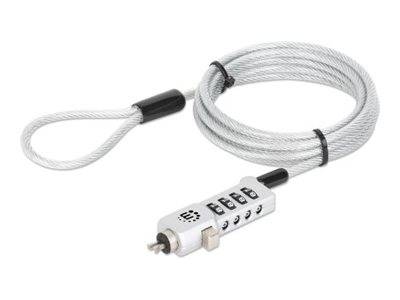 Ein silbernes Kombinations-Schlöserkabel mit schwarzen Zifferblättern an einem Schlaufenende, das zum Sichern von Laptops oder anderen elektronischen Geräten verwendet wird.