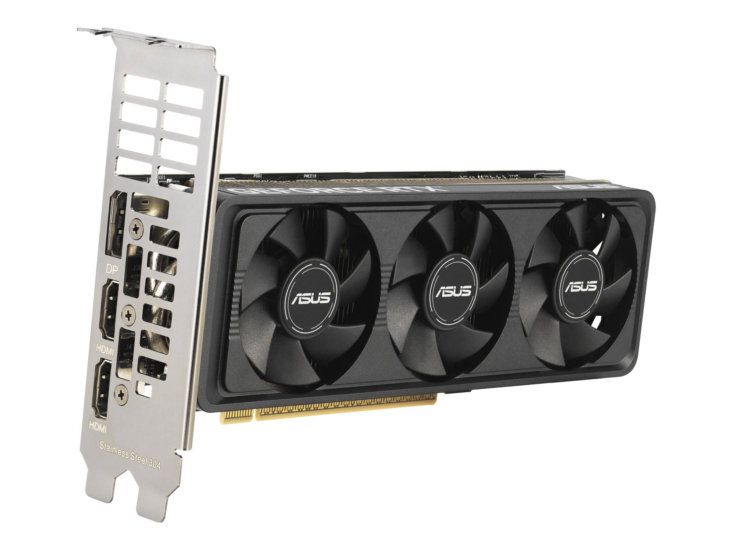 ASUS Grafikkarte mit drei Lüftern und Metallhalterung, auf weißem Hintergrund abgebildet.