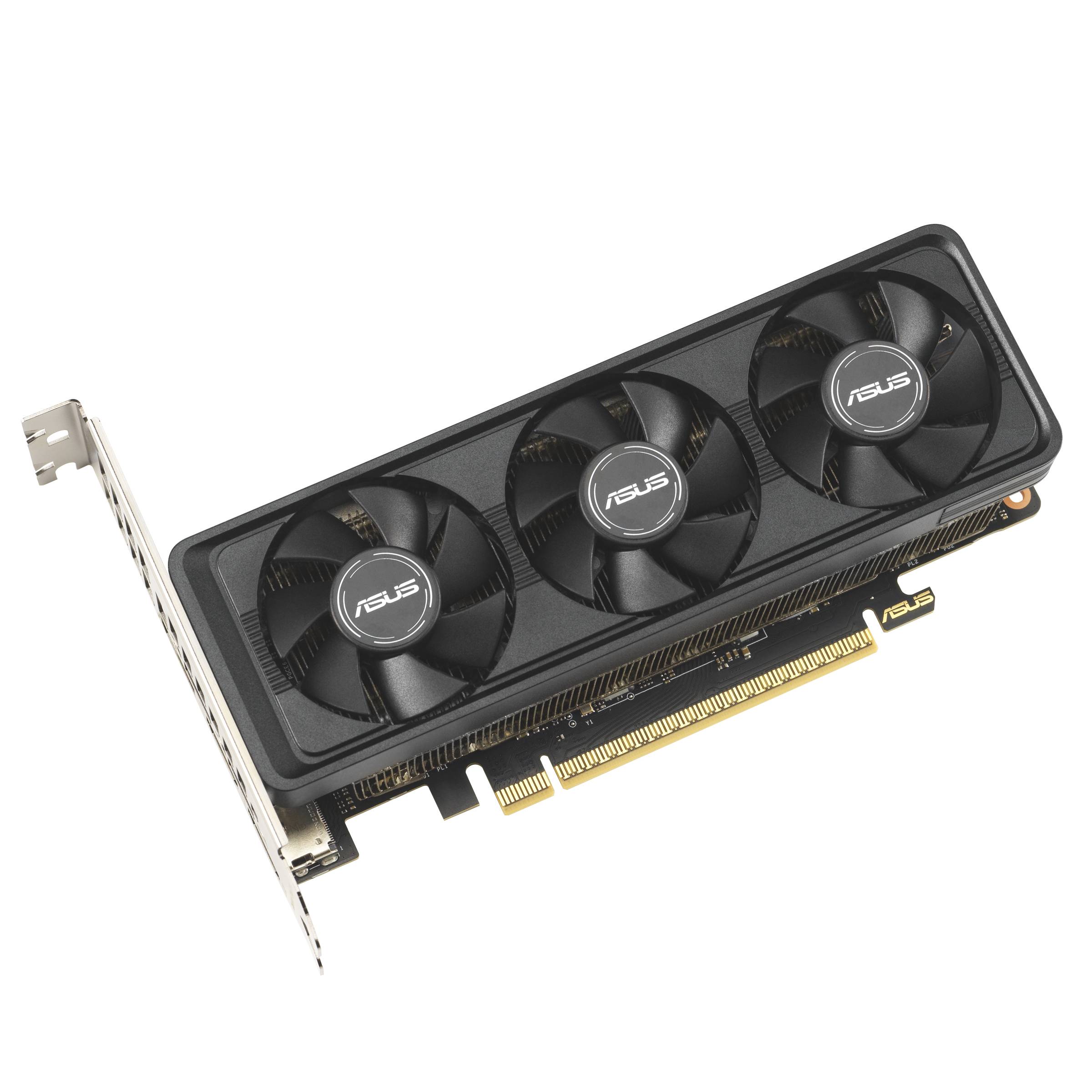 ASUS Grafikkarte mit drei Kühlventilatoren und Metall-PCIe-Halterung, gezeigt auf schwarzem Hintergrund.