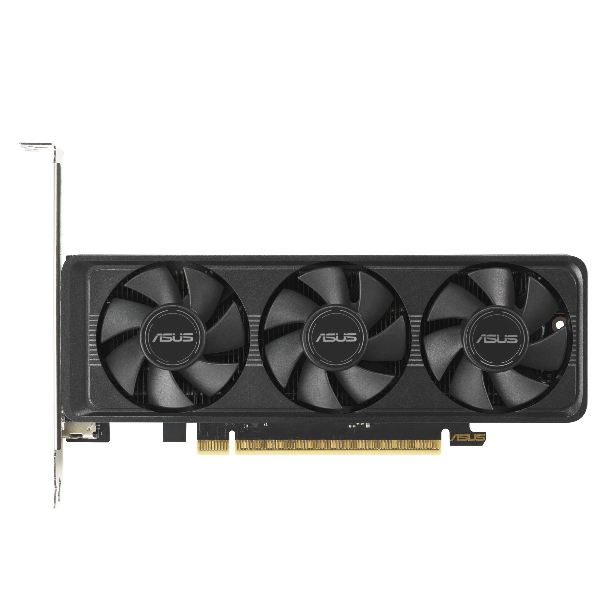 ASUS Grafikkarte mit drei Lüftern, gezeigt auf schwarzem Hintergrund, mit PCIe-Stecker und Metallhalterung auf der linken Seite sichtbar.