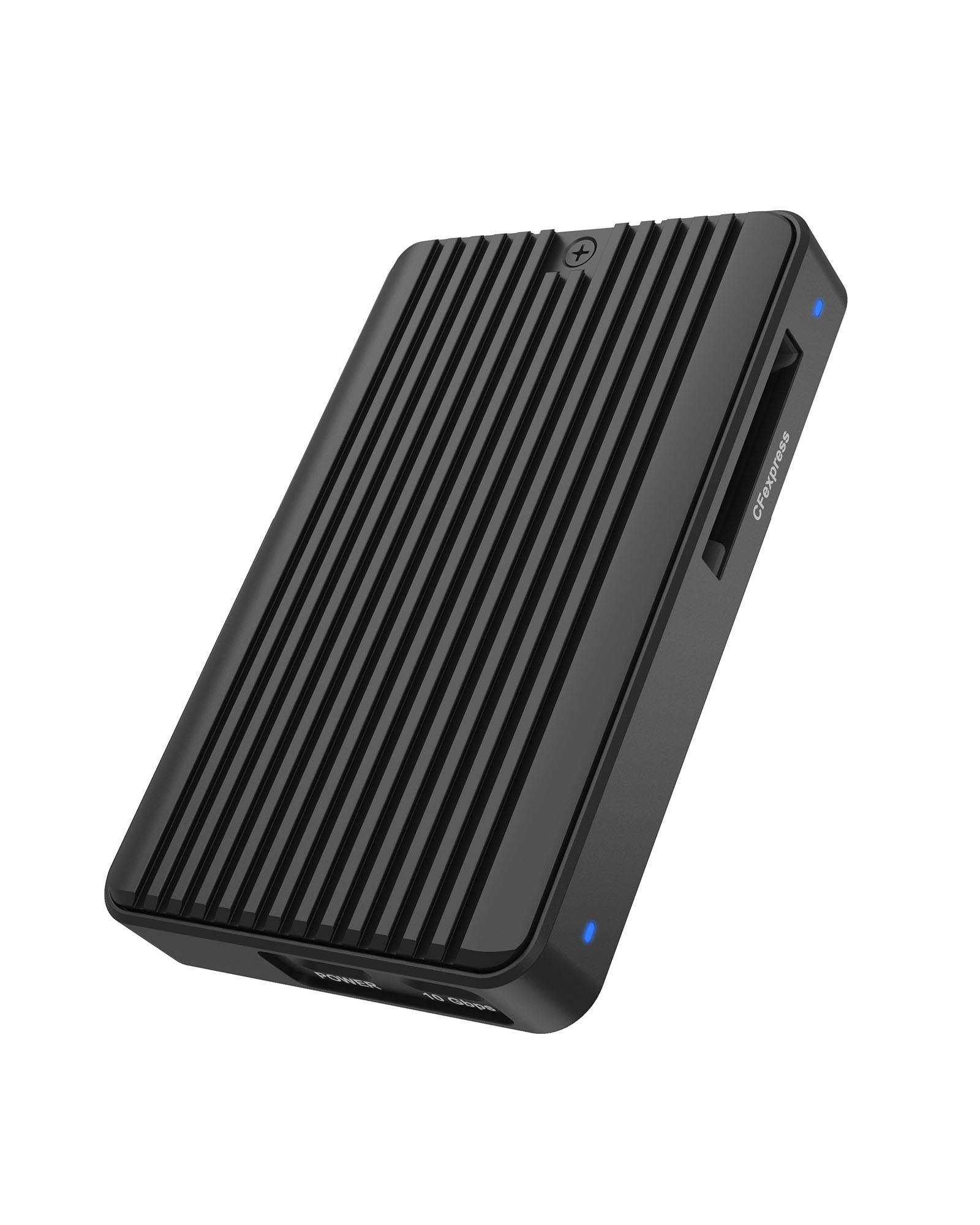 Externe schwarze Festplatte mit gerippter Oberseite und blauen Anzeigelichtern, gezeigt in angularischer Produktansicht auf weißem Hintergrund.