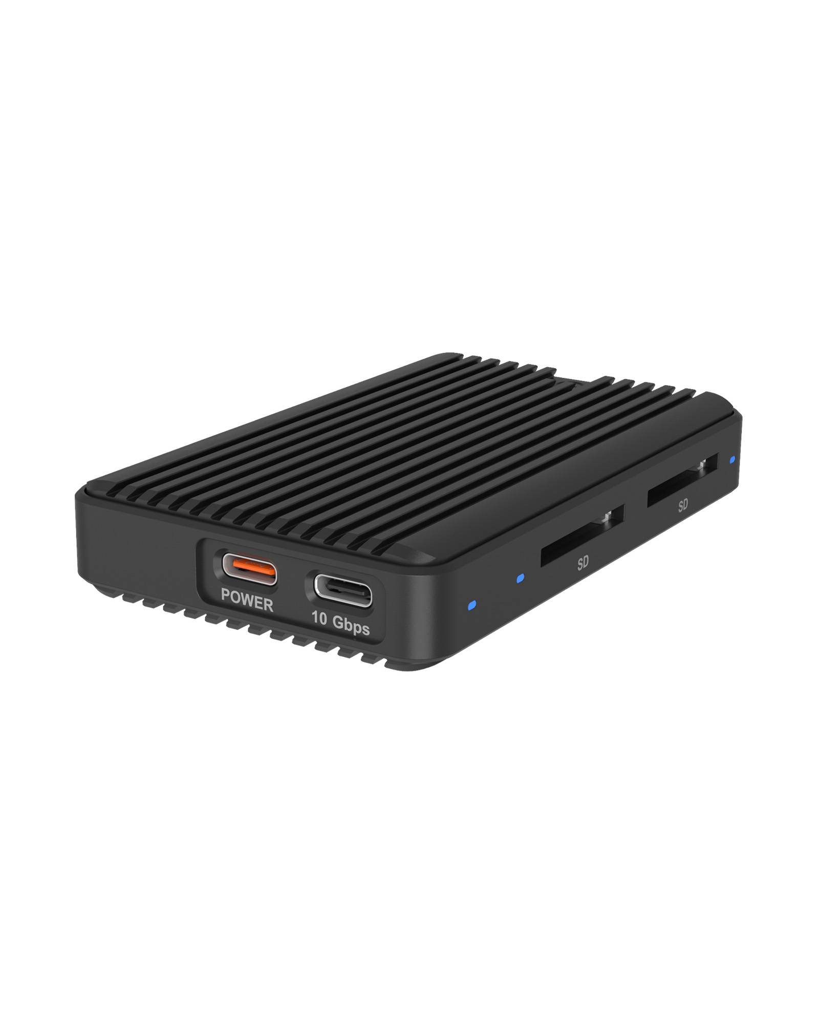 Kleines schwarzes kompaktes Gerät mit gerippter Oberseite, vorderer Stromtaste, USB-C-Anschluss mit der Bezeichnung „10 Gbps