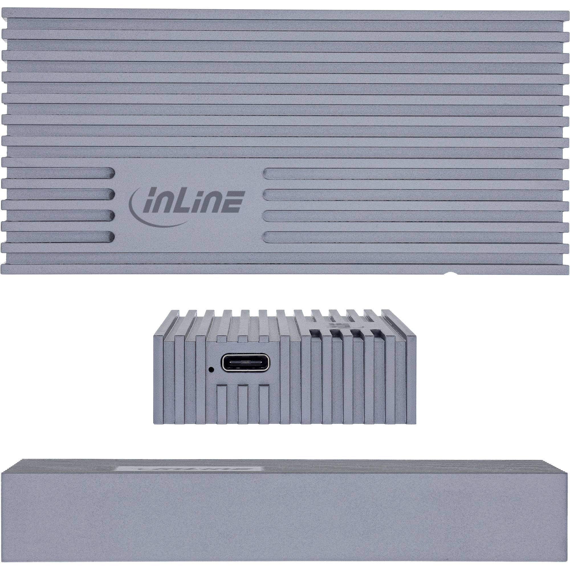 Silberne Festplattenhülle mit gerippter Struktur und USB-C-Anschluss, der Markenname inLine befindet sich oben. Seitenansicht zeigt eine glatte, flache Oberfläche.
