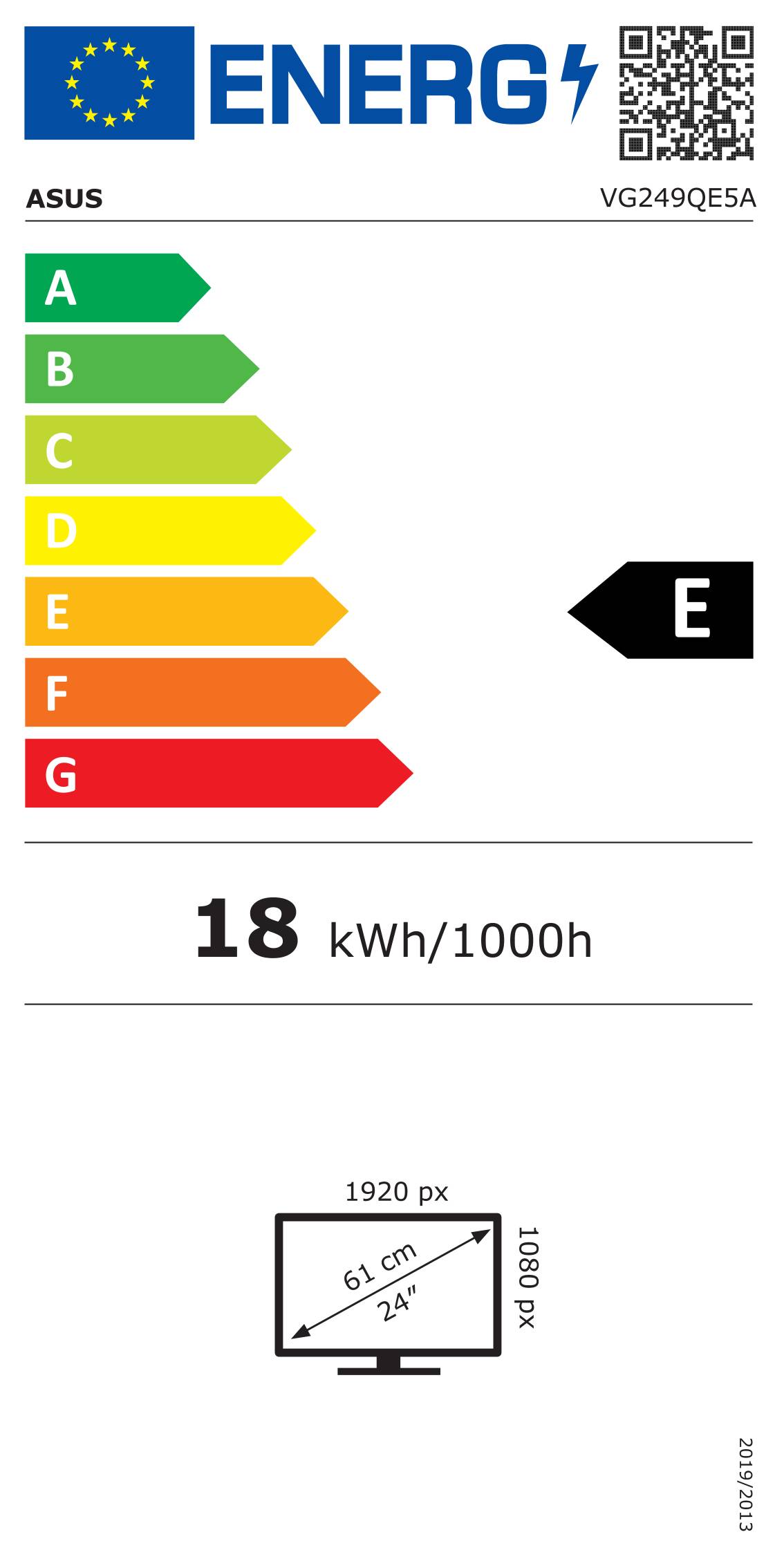 E' Energieeffizienz-Etikett mit farbigen Balken von A bis G, die einen Energieverbrauch von 18 kWh/1000h angeben.