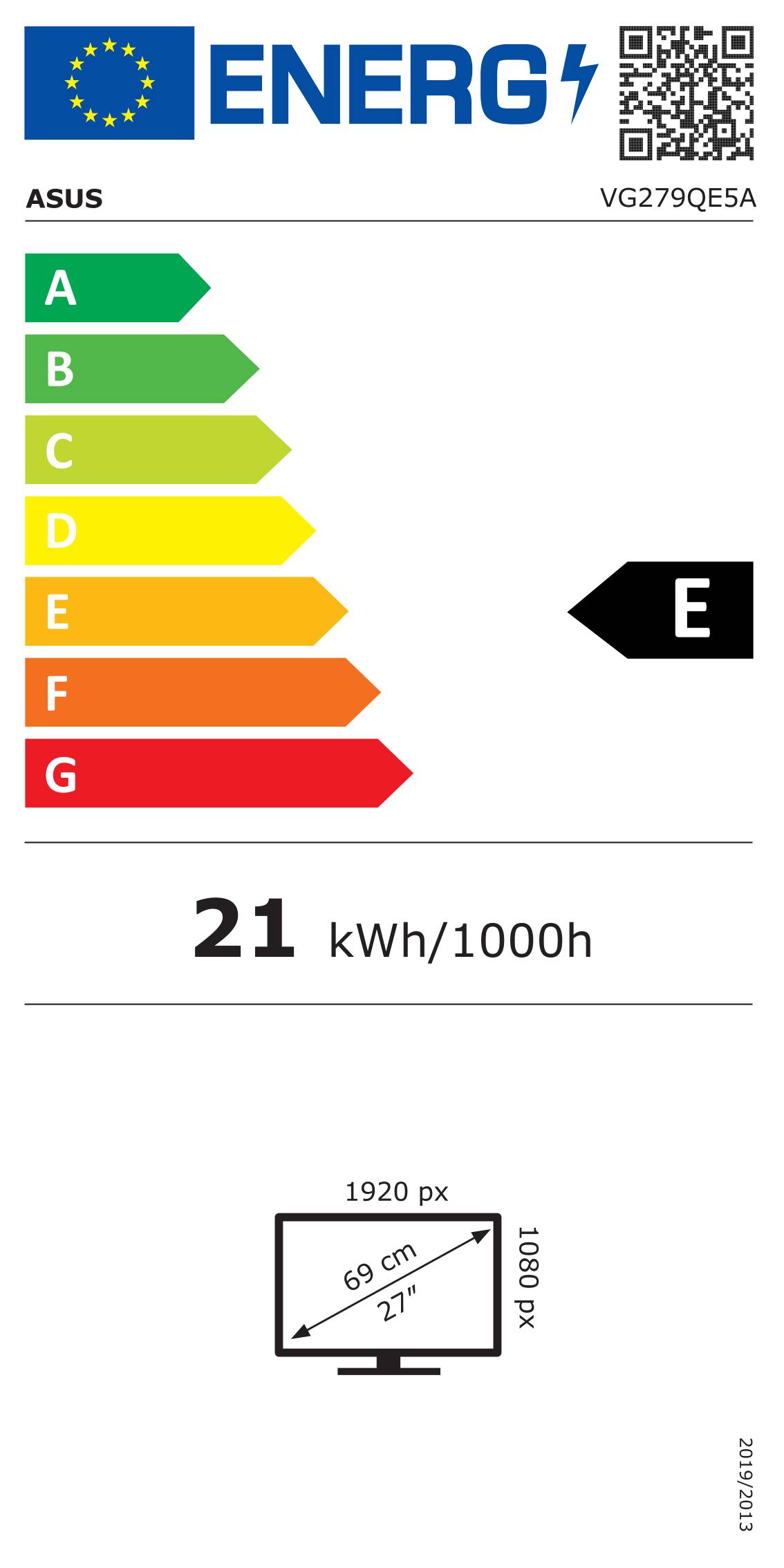 Energieeffizienzlabel mit einer Bewertung von 'E' und einem Energieverbrauch von 21 kWh/1000h. Farbbalken von grün (A) bis rot (G).