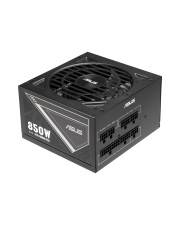 Schwarzes ASUS 850W-Computernetzteil mit Kühlventilator und modularen Kabelanschlüssen, gezeigt auf weißem Hintergrund.