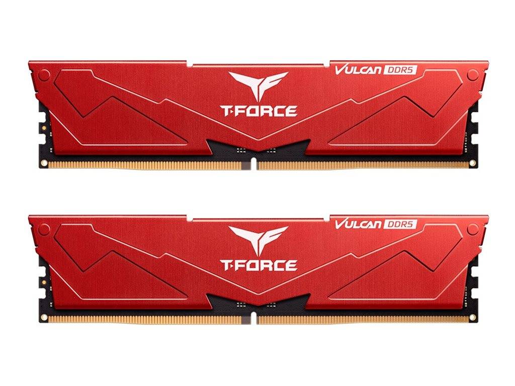Zwei rote T-Force Vulcan DDR5 RAM-Riegel mit eckigen Designs und Branding.