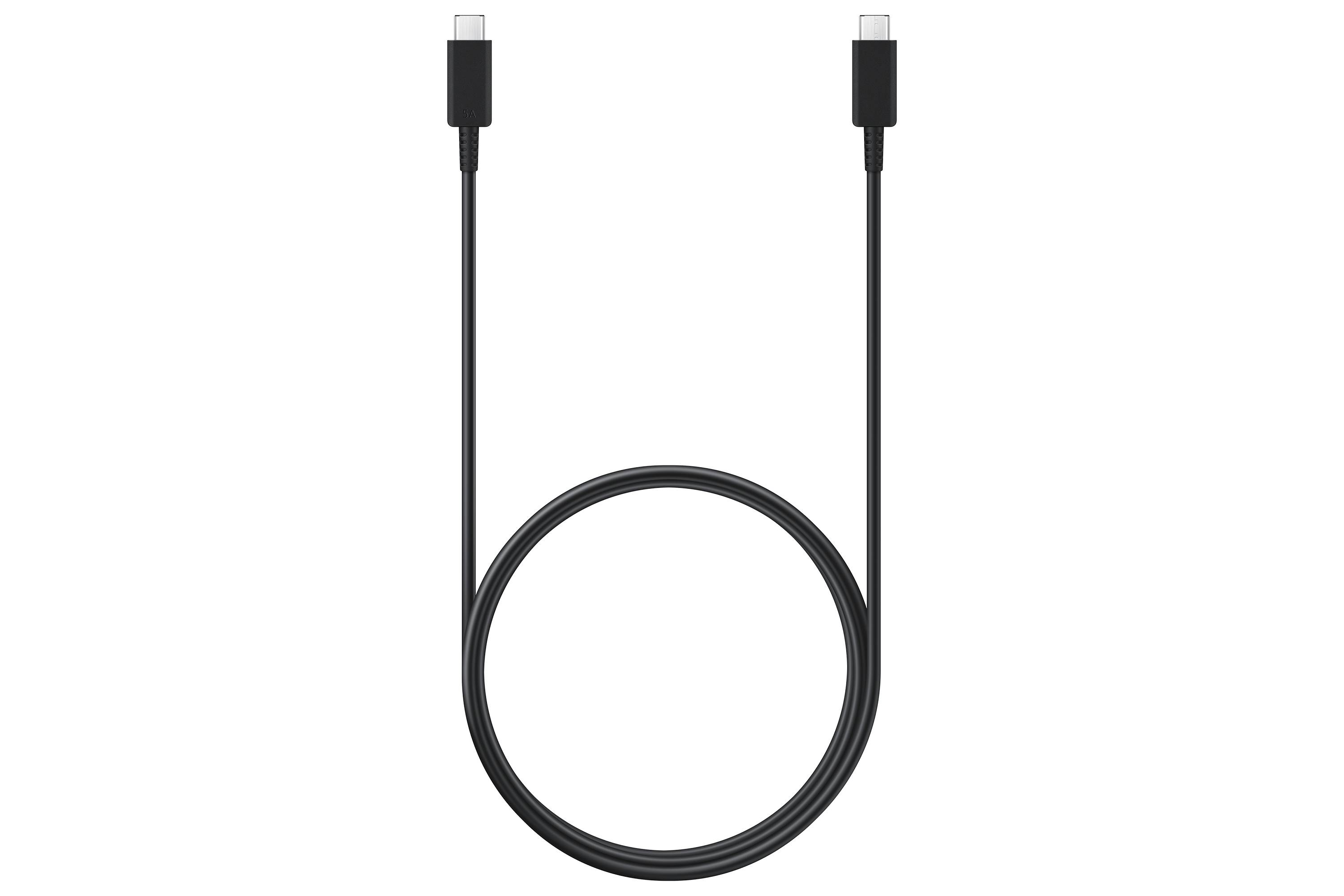Schwarzes USB-C-Ladekabel in eine Schleife aufgerollt, mit Anschlüssen an beiden Enden auf weißem Hintergrund.
