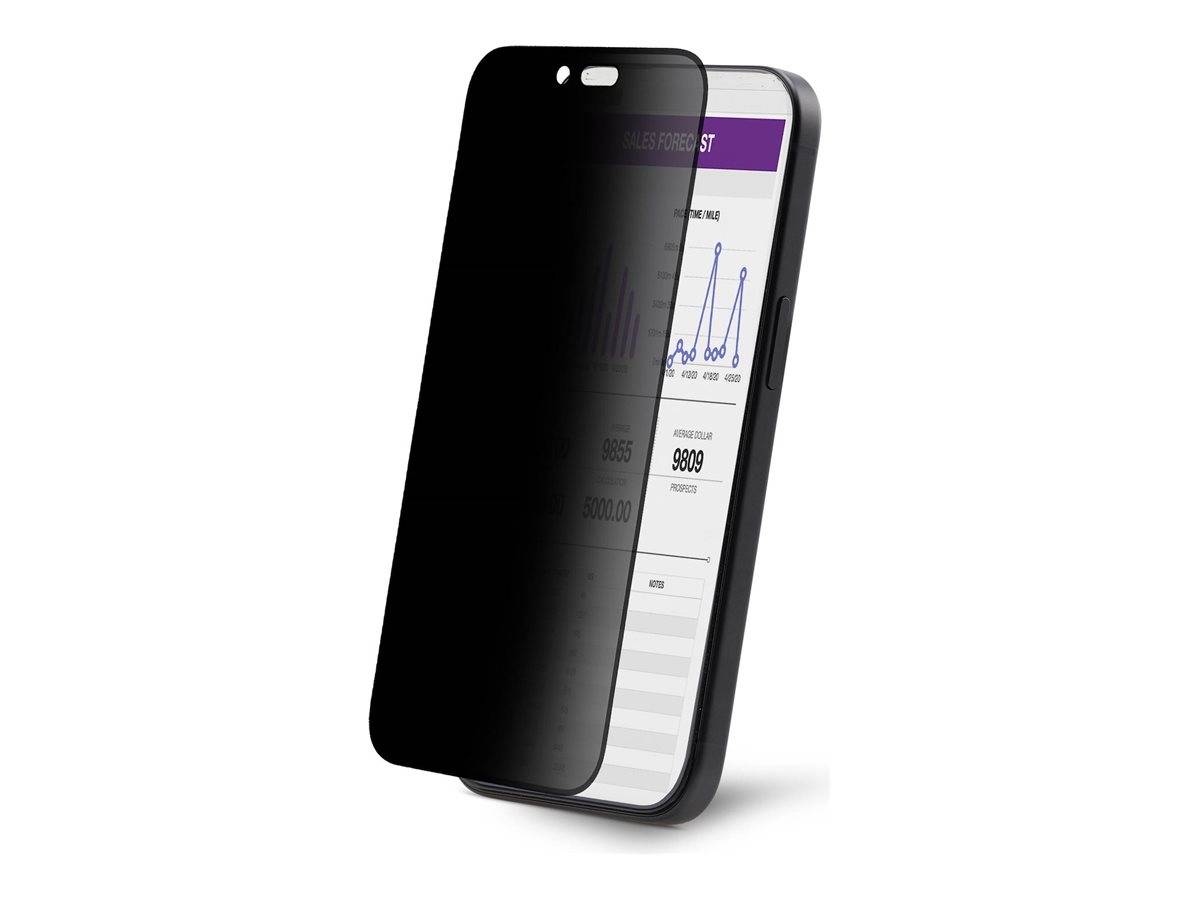Ein Smartphone mit einem Sichtschutzfilter zeigt ein 'Umsatzprognose'-Diagramm mit einer Aufwärtstrend-Kurve, zusammen mit numerischen Daten und Notizen.