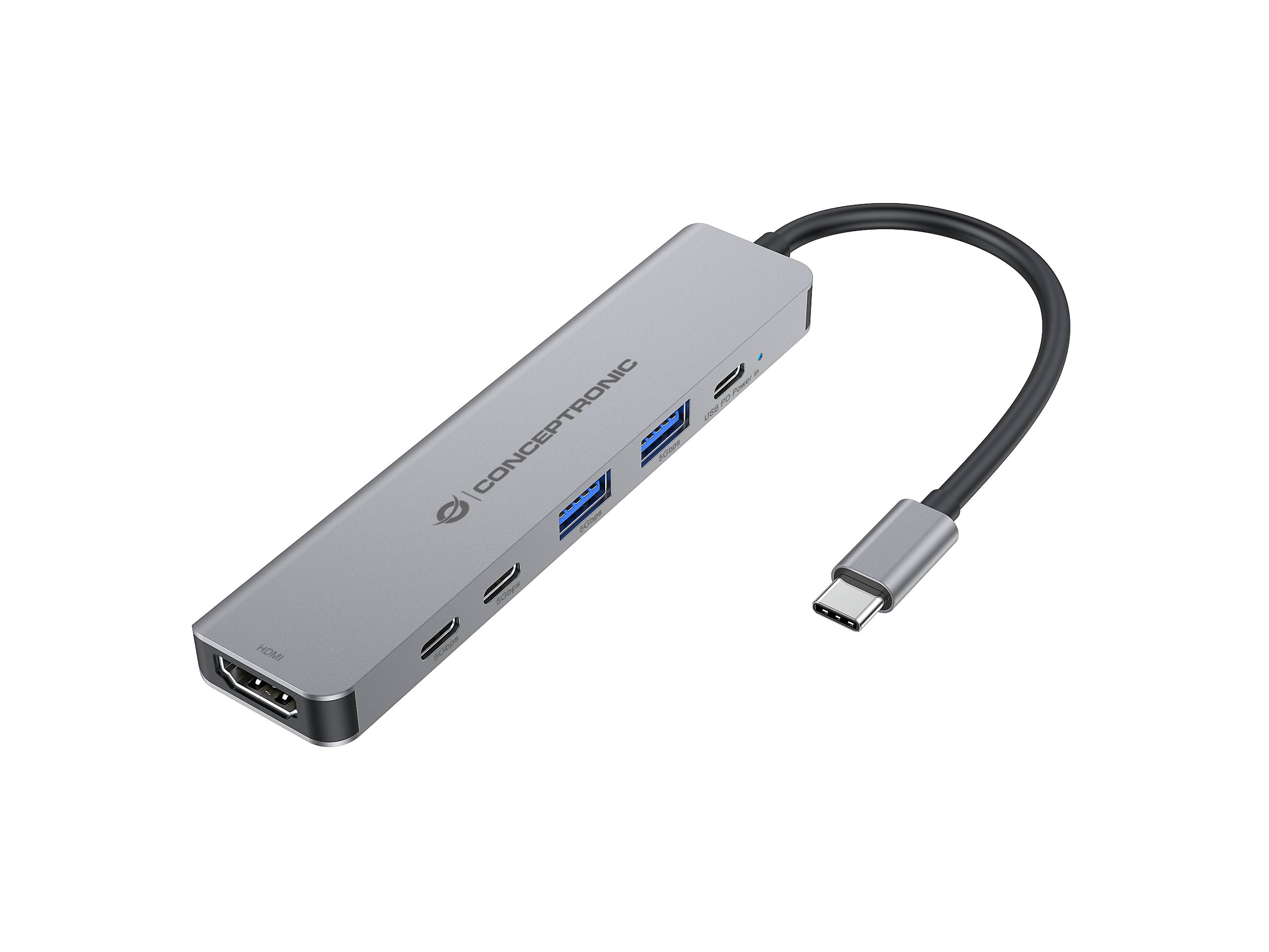 Conceptronic DONN33G 6-in-1 USB 3.2 Gen 1 Dockingstation, HDMI, USB-A 5Gbps x 2, USB-C 5Gbps x 2, 100W USB PD, Kabelgebunden, USB 3.2 Gen 1 (3.1
