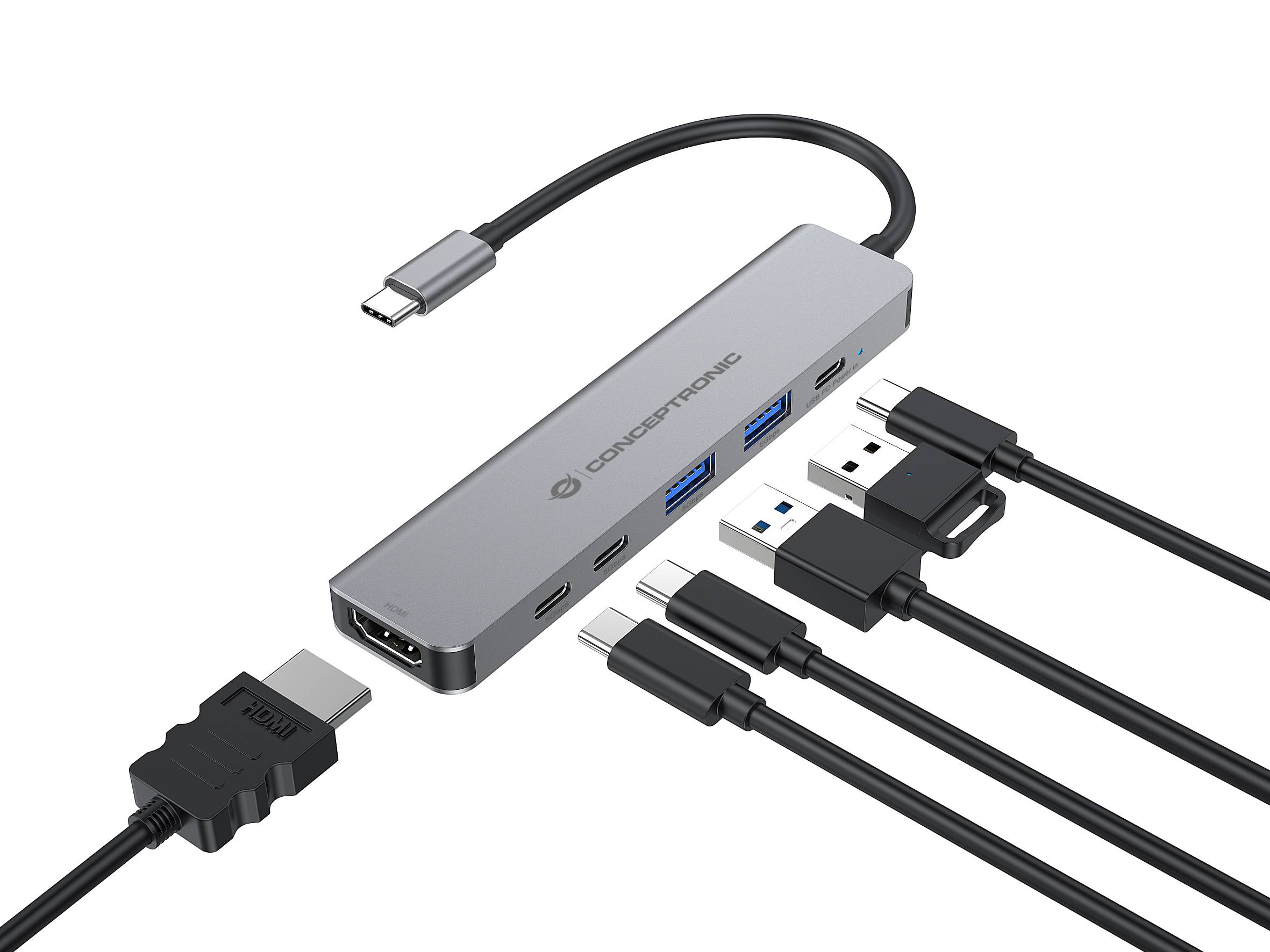 USB-C-Hub-Adapter mit mehreren Anschlüssen, darunter USB-A, HDMI, USB-C und Ethernet, dargestellt mit angeschlossenen Kabeln auf weißem Hintergrund