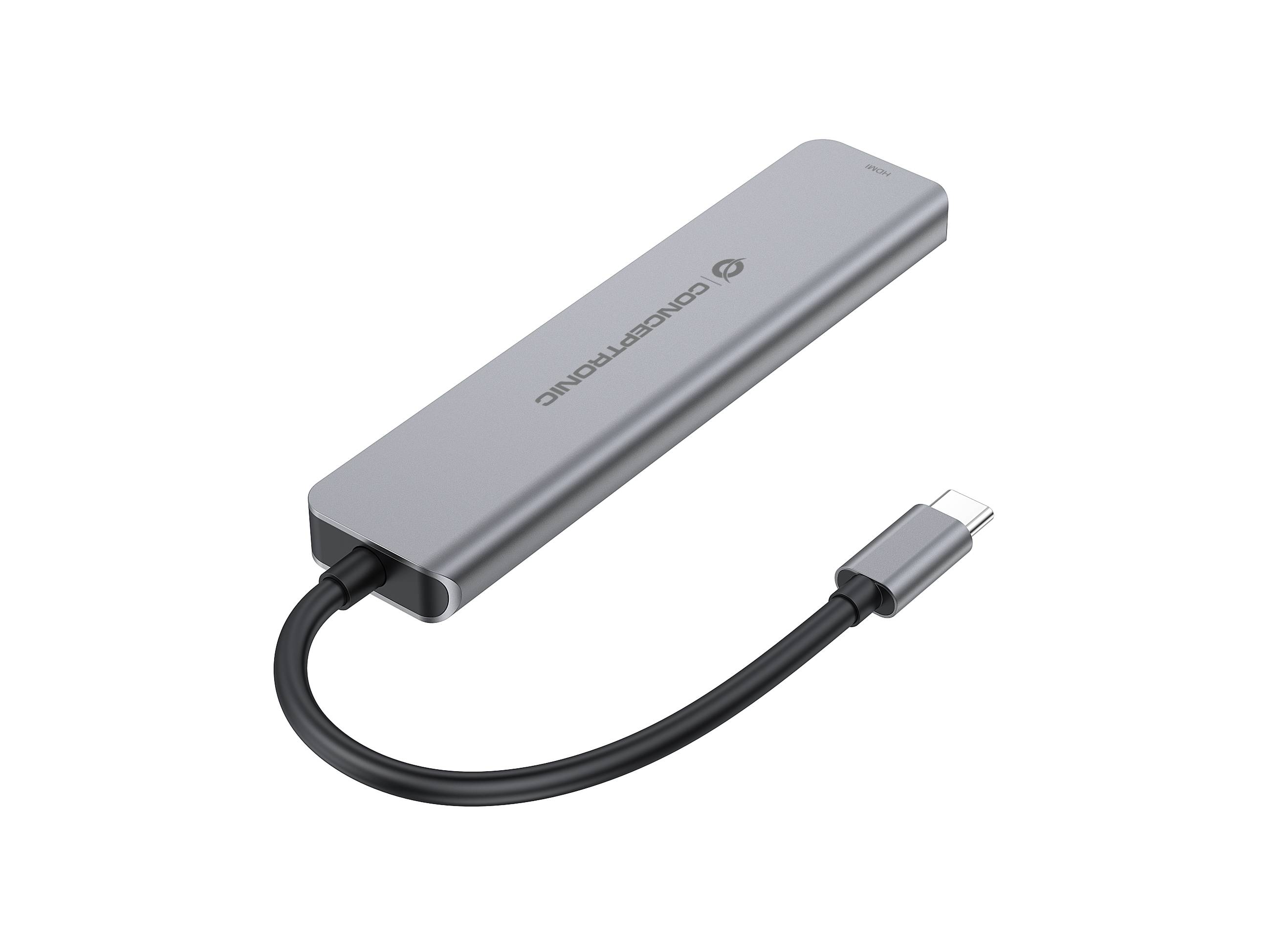 Silber CONCEPTRONICS USB-C Hub/Dongle mit angeschlossenem USB-C-Kabel auf weißem Hintergrund.
