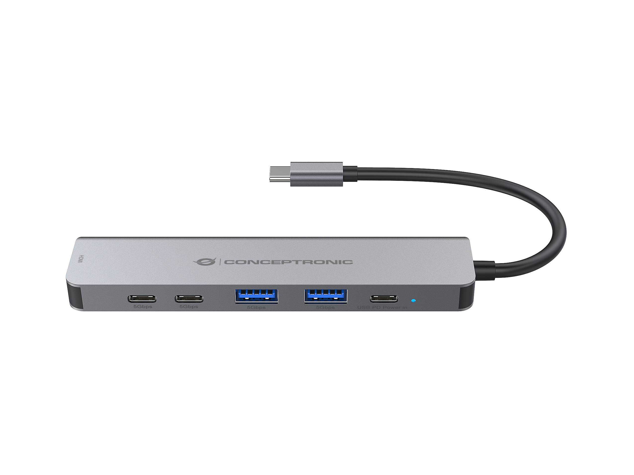 Conceptronic USB-C-Hub mit angebundenem Kabel, das mehrere Anschlüsse zeigt, einschließlich zwei USB-A, zwei USB-C und einen HDMI-Ausgang.