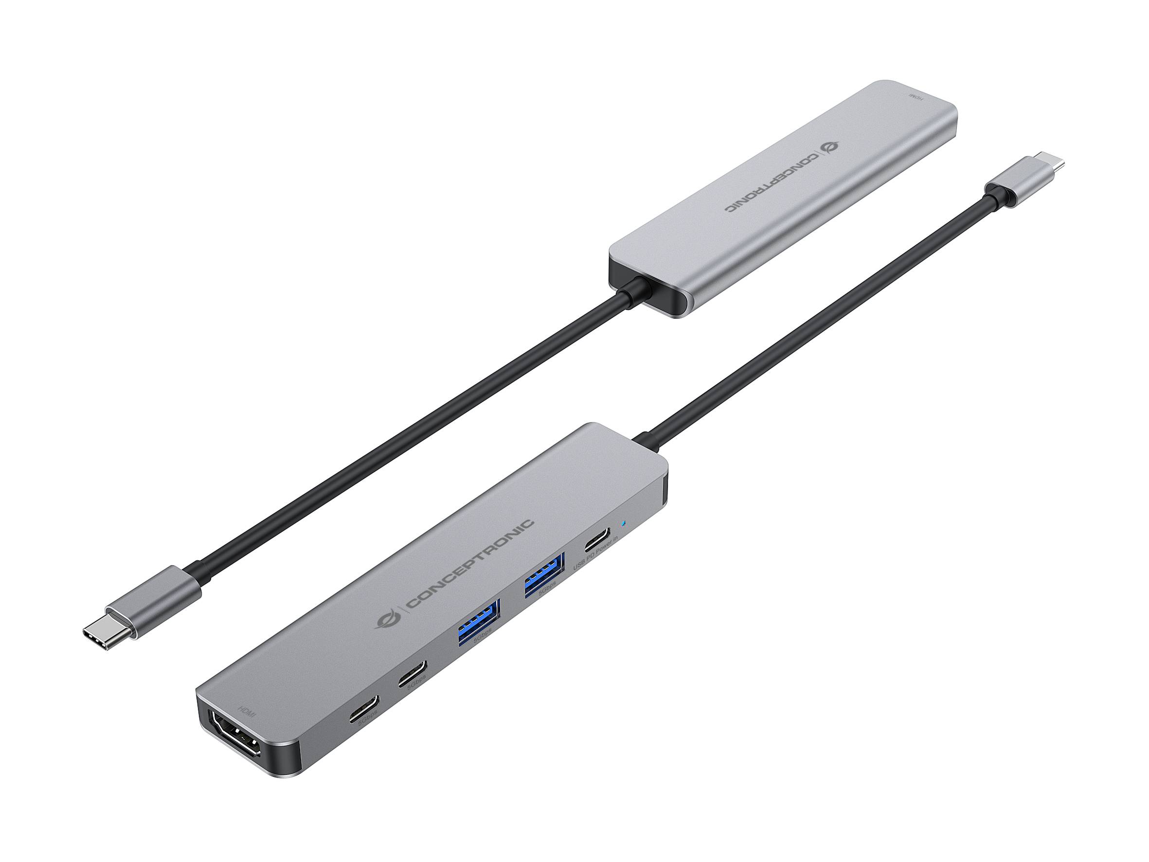 Silberner USB-C-Hub mit zwei USB-A-Anschlüssen, einem HDMI-Anschluss und USB-C-Steckern auf angeschlossenen Kabeln.