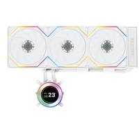 Weißer Triple-Fan-Flüssigkeits-CPU-Kühler mit RGB-Zierleisten und rundem digitalen Pumpen-Display, das 