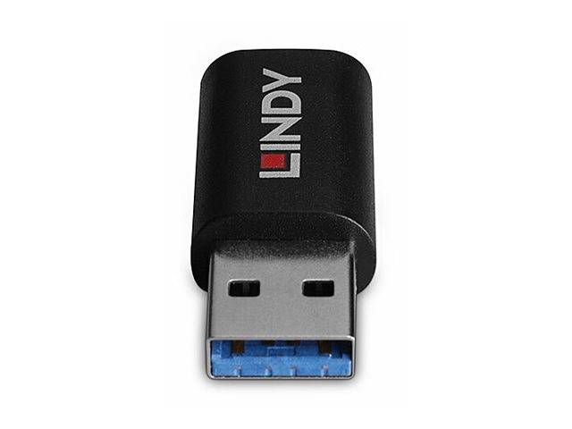 Ein schwarzer USB-Adapter mit der Aufschrift 'Lindy' und einem roten quadratischen Logo an der Seite.