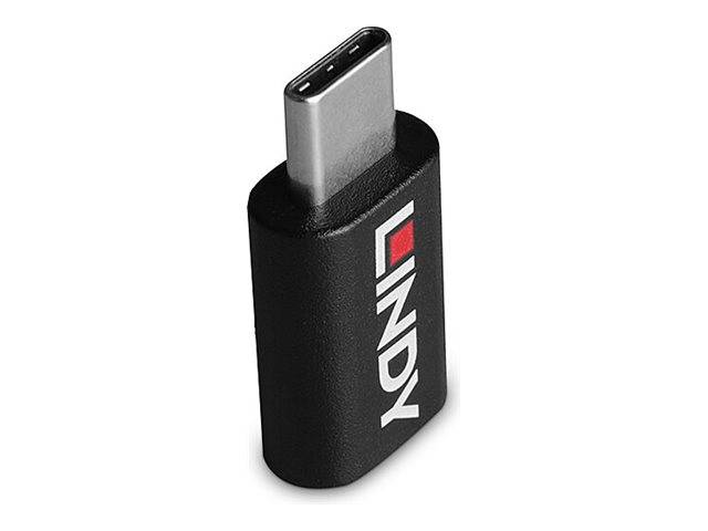 Ein schwarzer USB-C-Adapter mit dem Markennamen 'LINDY' in weißer Schrift an der Seite, entwickelt zum Anschluss von Geräten mit USB-C-Anschlüssen.