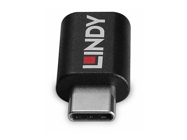 Schwarzer USB-C-Adapter mit der Aufschrift 'LINDY' in Weiß und Rot an der Seite.