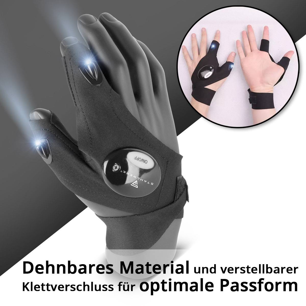 STAHLWERK LED-Handschuhe 2er Set Fingerlose Handschuhe mit Licht Kfz Mechanik