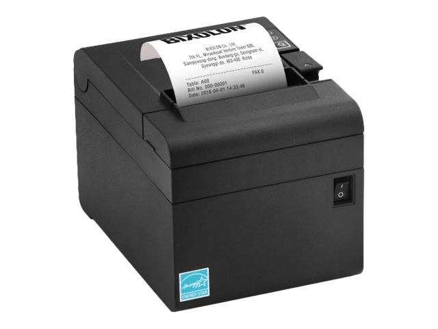 Ein schwarzer Bixolon-Bondrucker mit einem teilweise sichtbaren Beleg, auf dem Textdetails wie Zeit- und Datumsinformationen zu erkennen sind.