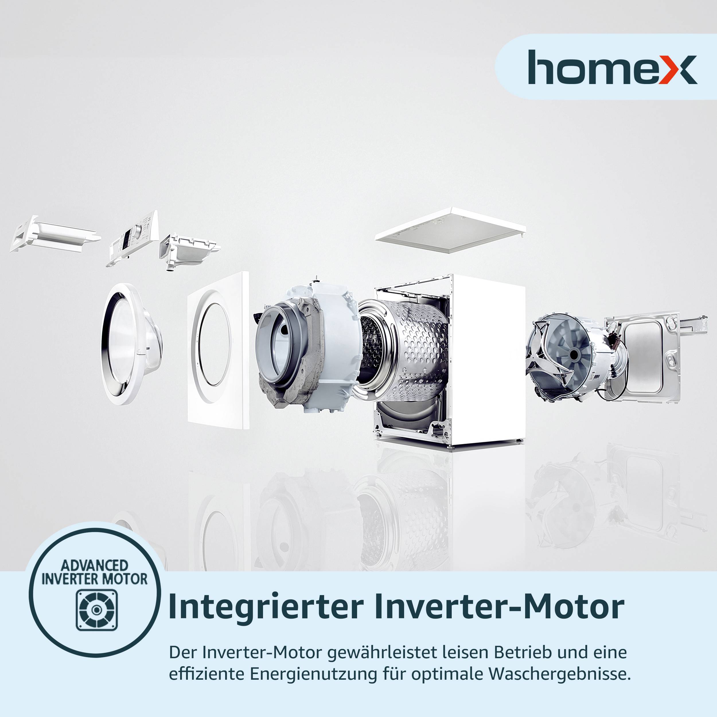 homeX Waschmaschine 7kg | Frontlader mit 1200 U/Min. | Inverter Motor | AquaStop | Schontrommel | EEK B | WF712B-W weiß