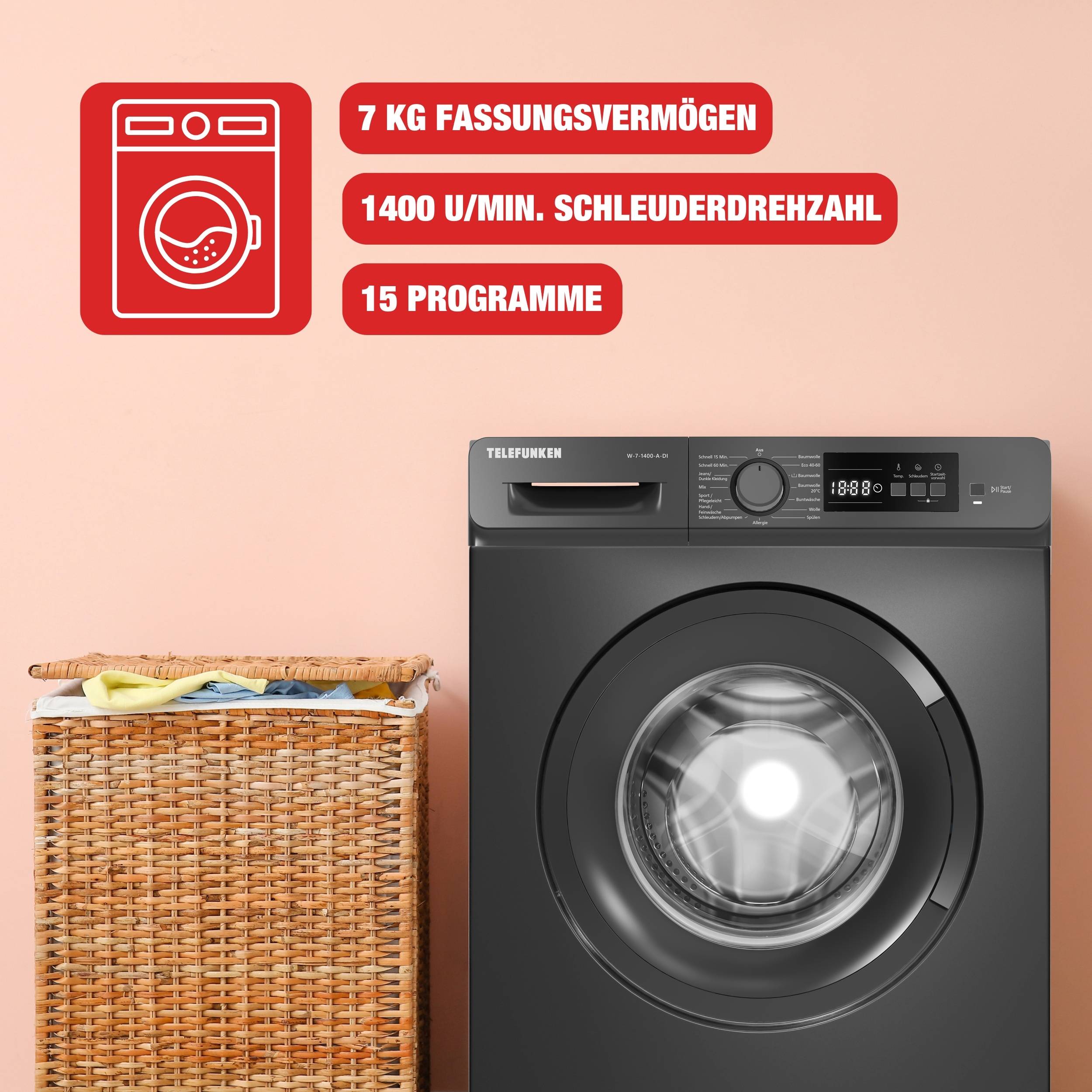 Telefunken Waschmaschine 7kg | Frontlader 1400 U/Min. | Inverter Motor | AquaStop | Schontrommel | W-7-1400-A-DI inox