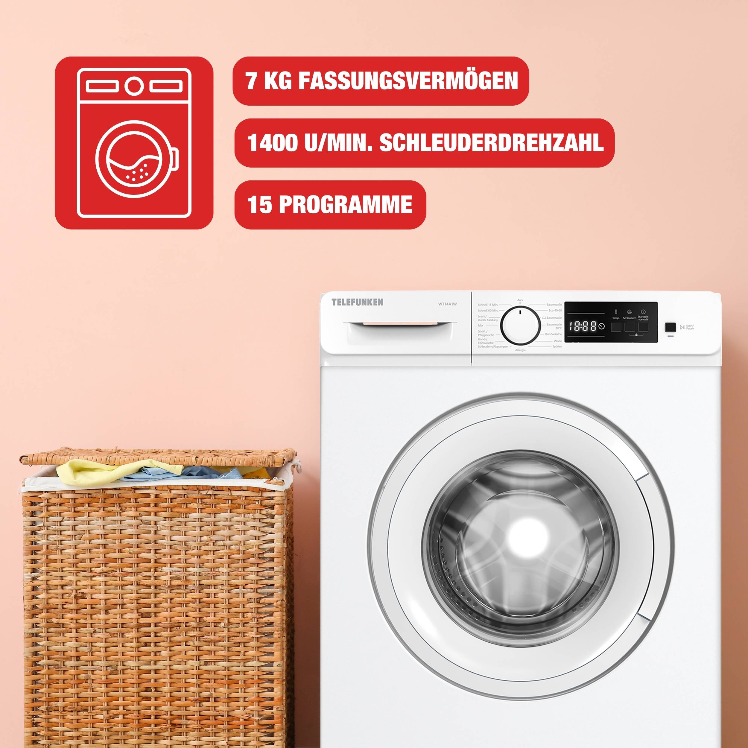 Telefunken Waschmaschine 7kg | Frontlader 1400 U/Min. | Inverter Motor | Schontrommel | 15 Programme | W714A1W weiß