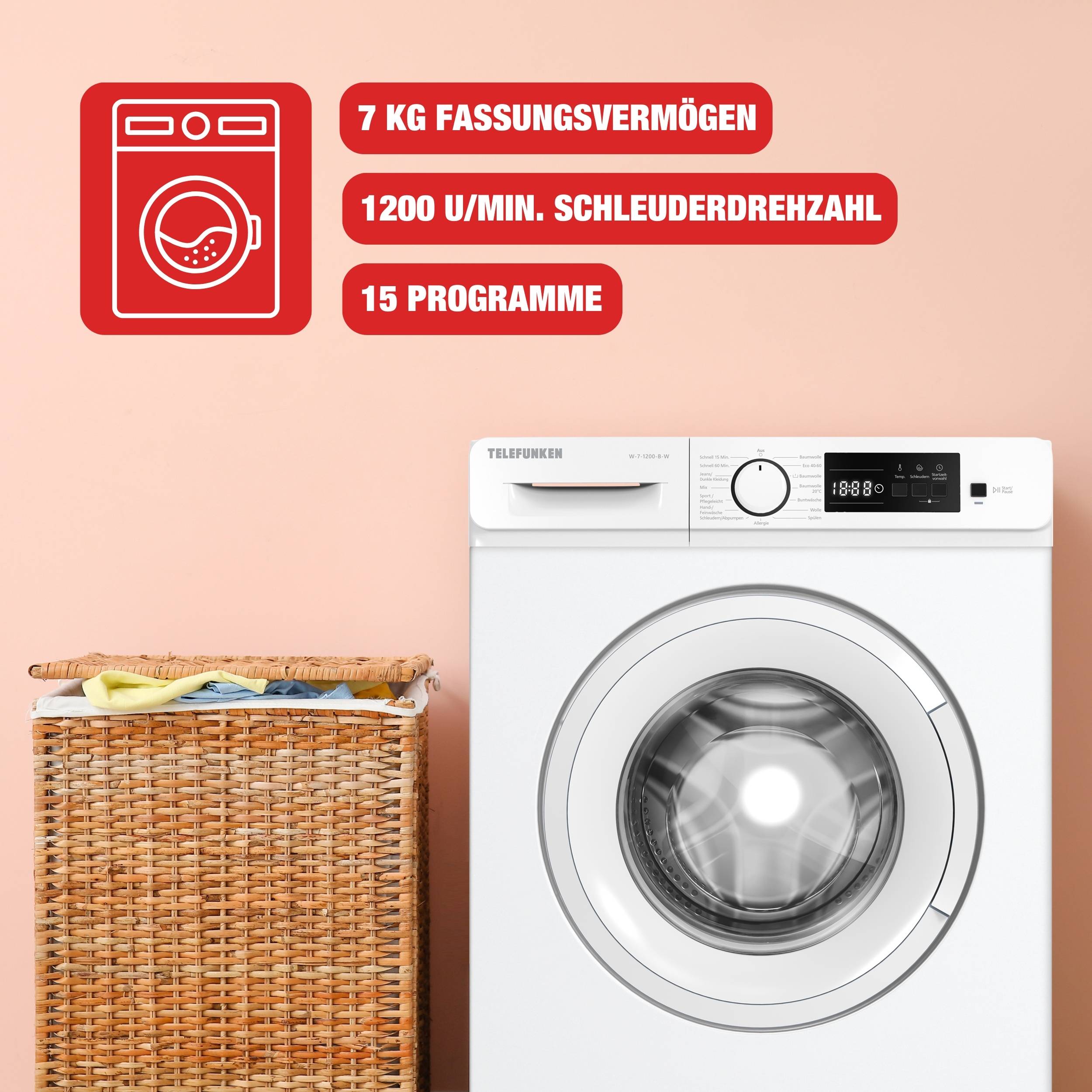 Telefunken Waschmaschine 7kg | Frontlader 1200 U/Min. | Inverter Motor | AquaStop | Schontrommel | W-7-1200-B-W weiß