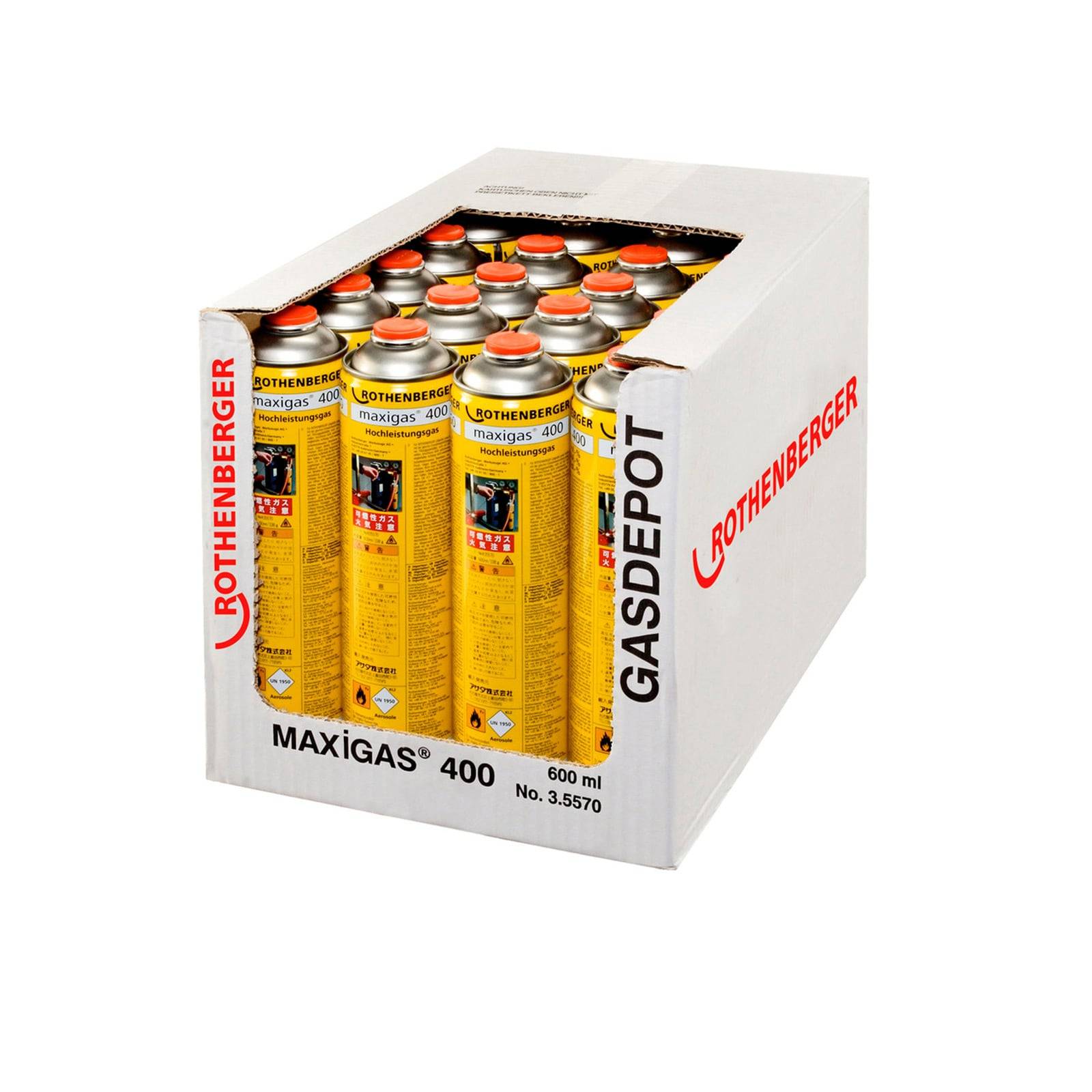 Karton mit 'Rothenberger MAXIGAS 400' Gasflaschen, jeweils 600 ml, in Reihen angeordnet. Weiße Verpackung mit rotem Markenschriftzug.