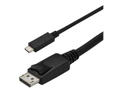 Ein schwarzes USB-C zu DisplayPort-Kabel, das Anschlüsse an beiden Enden zeigt, verwendet für Video- und Audioübertragung zwischen USB-C- und DisplayPort-Geräten.