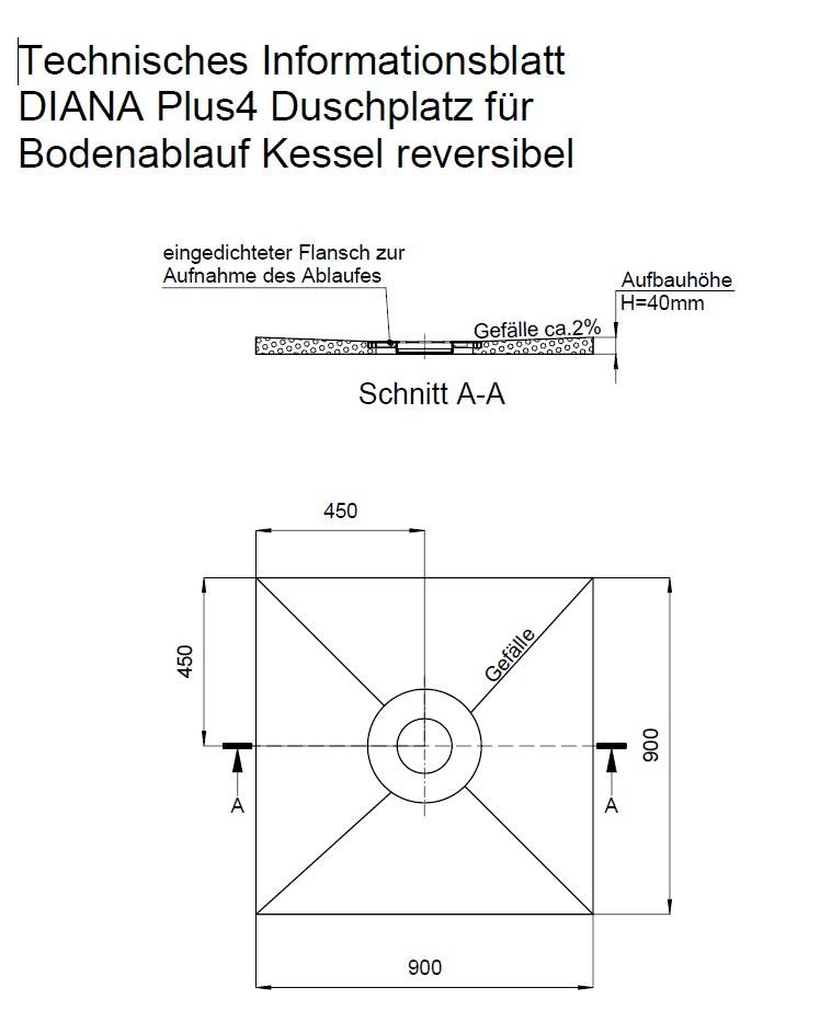 Schedel M100 Duschplatz Quadrat 900x900x40mm Ablauf mittig, reversibel