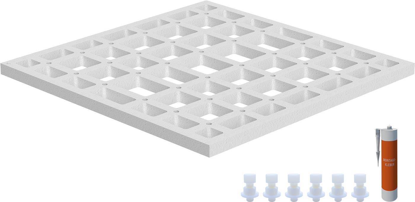 Weiße perforierte Schaumstoffplatte mit einem Raster aus rechteckigen Ausschnitten, dargestellt mit einer roten Klebepatrone und kleinen weißen Befestigungselementen zur Montage.