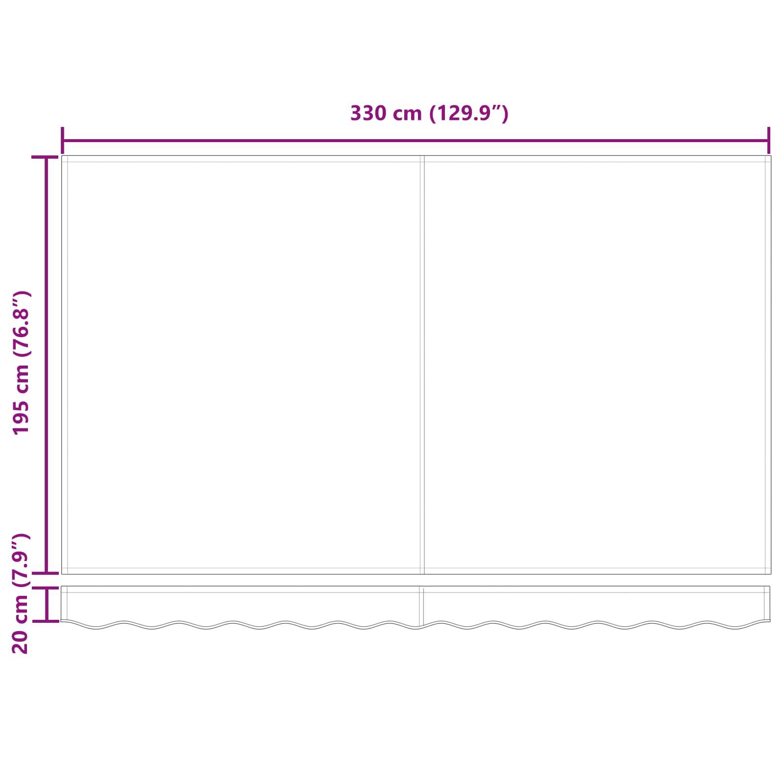 Vorderansicht eines Fensters mit einer Breite von 330 cm und einer Höhe von 195 cm, mit einer Gardinenstange 20 cm über dem Rahmen.