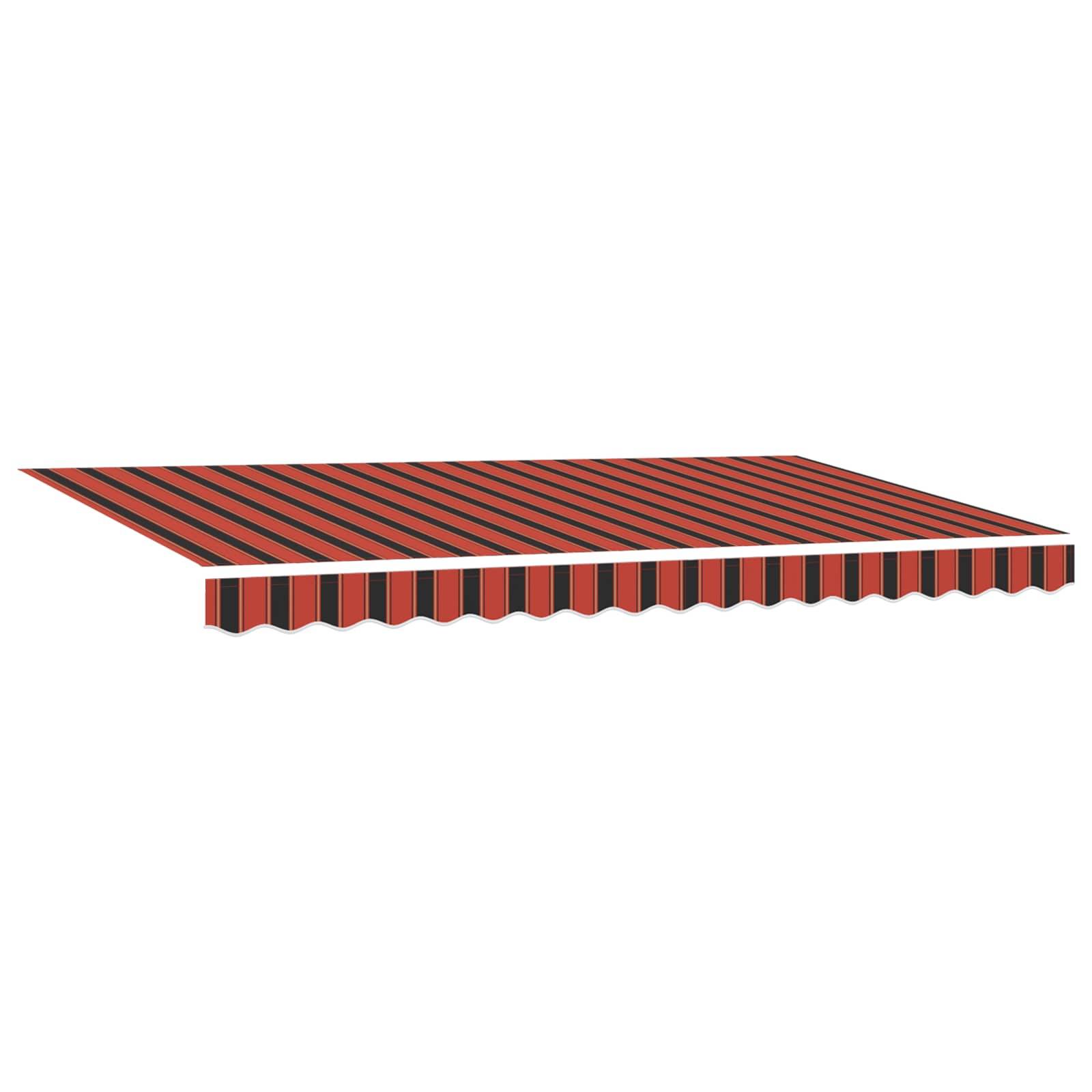 Ein rot-schwarzes gestreiftes Markisendach erstreckt sich nach außen und spendet Schatten.