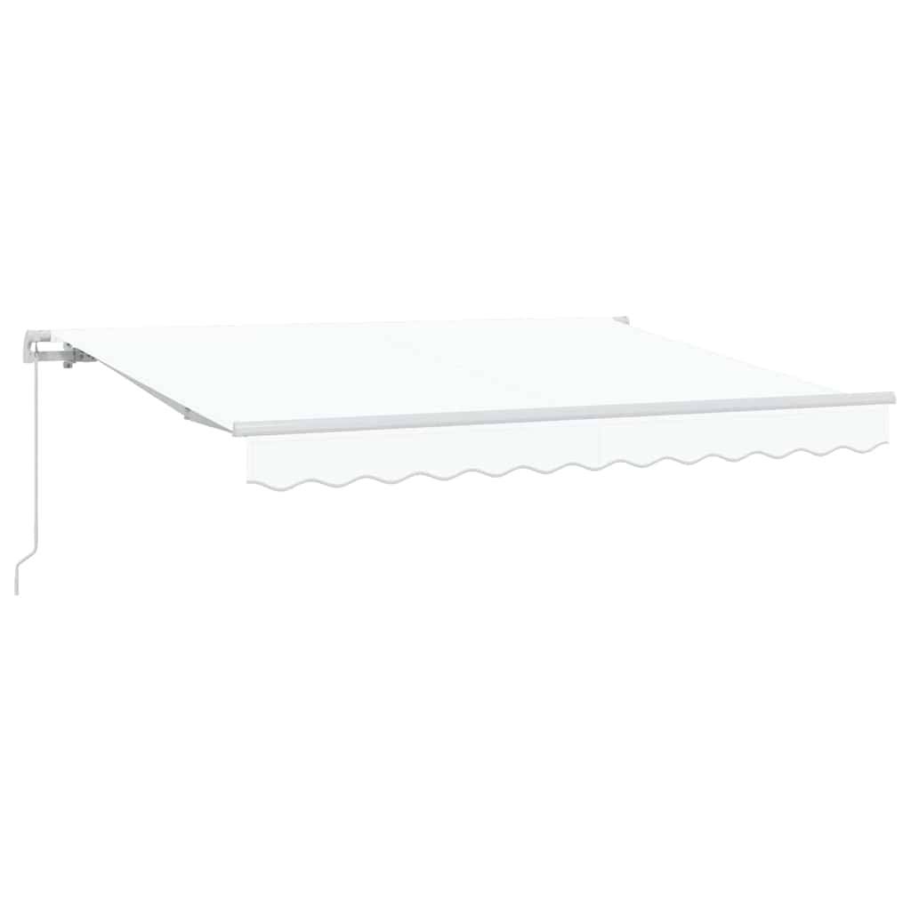 Einziehbare weiße Markise, horizontal ausgefahren, mit gewellter Kante. Wird in Außenbereichen zur Beschattung und Sonnenschutz verwendet.