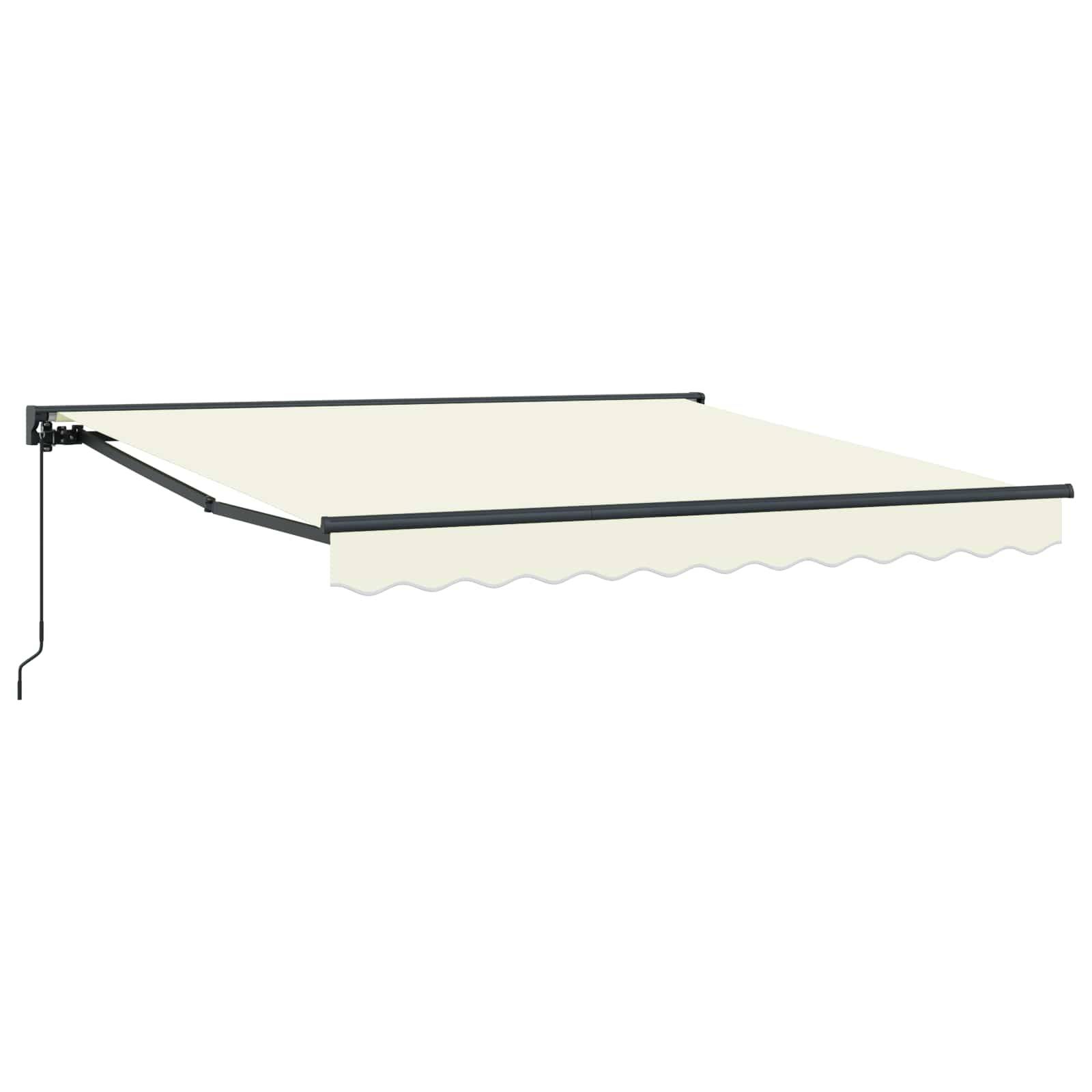 Einziehbare Markise für den Außenbereich in Beige, die von einer Wandhalterung ausgefahren wird, mit gewellten Kanten und einer Handkurbel zur Positionseinstellung.