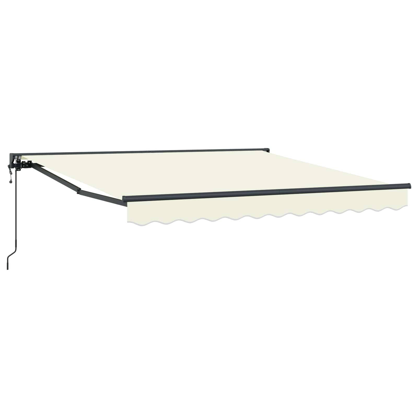 Einziehbare beige Markise mit Metallrahmen, ausgefahren dargestellt. Enthält eine Handkurbel links für manuelle Bedienung.