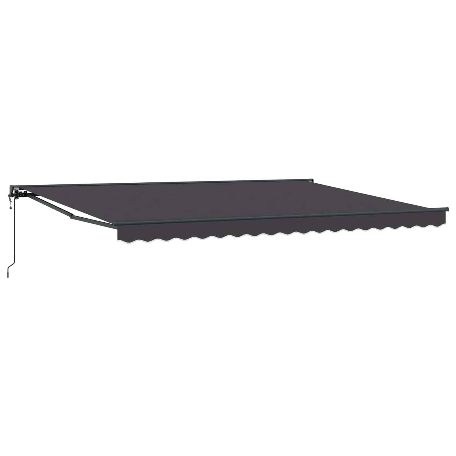 Einziehbare schwarze Markise mit gewellten Kanten, nach außen ausgefahren, an einer Wand montiert.
