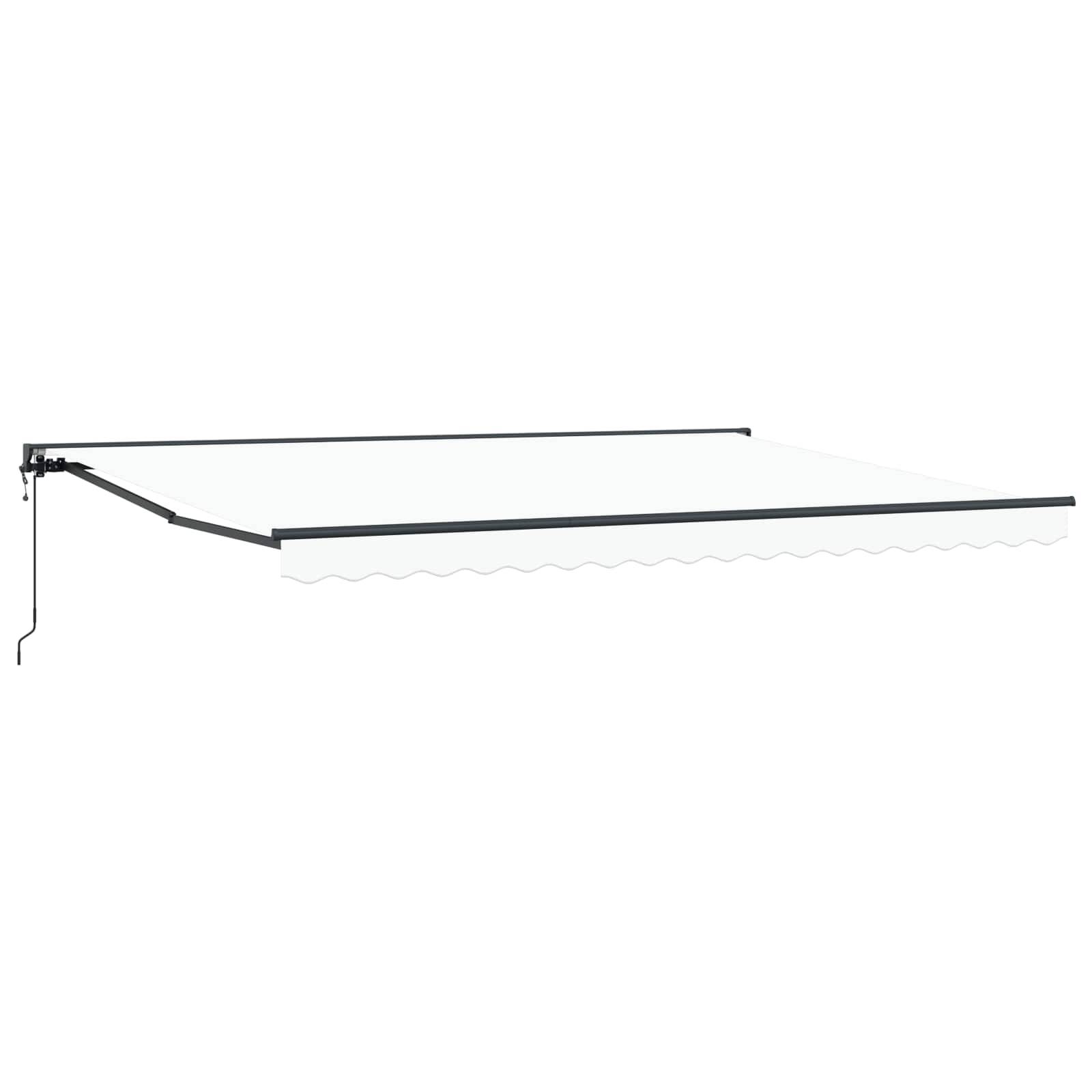 Eine weiße ausziehbare Markise mit Metallrahmen, vollständig ausgefahren, für die Verwendung im Freien konzipiert, um Schatten zu spenden.