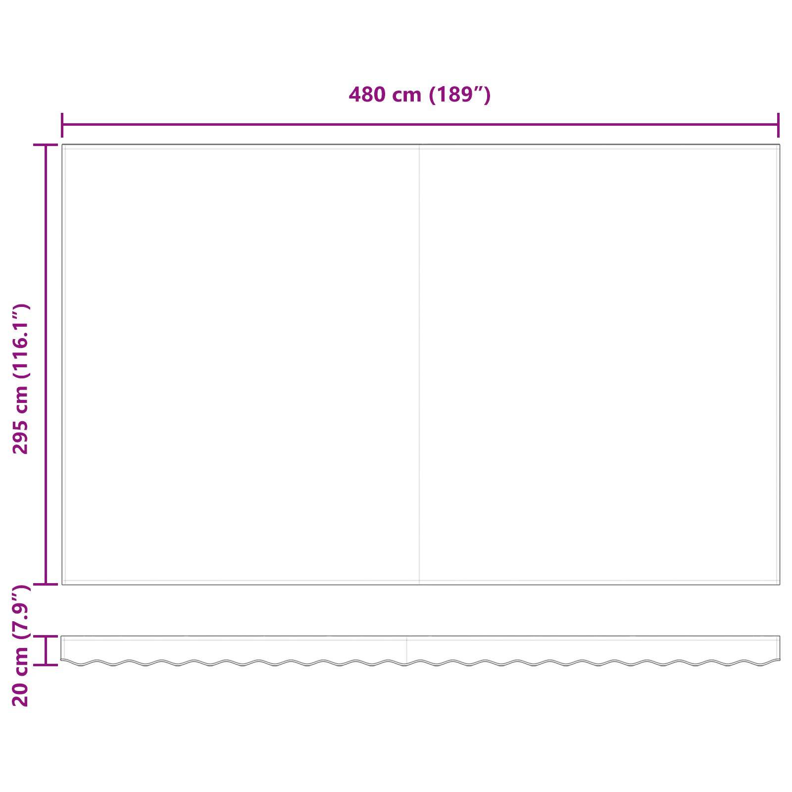 Ein leeres rechteckiges Whiteboard mit den Abmessungen: Breite 480 cm (189 Zoll), Höhe 295 cm (116,1 Zoll), Tiefe 20 cm (7,9 Zoll).