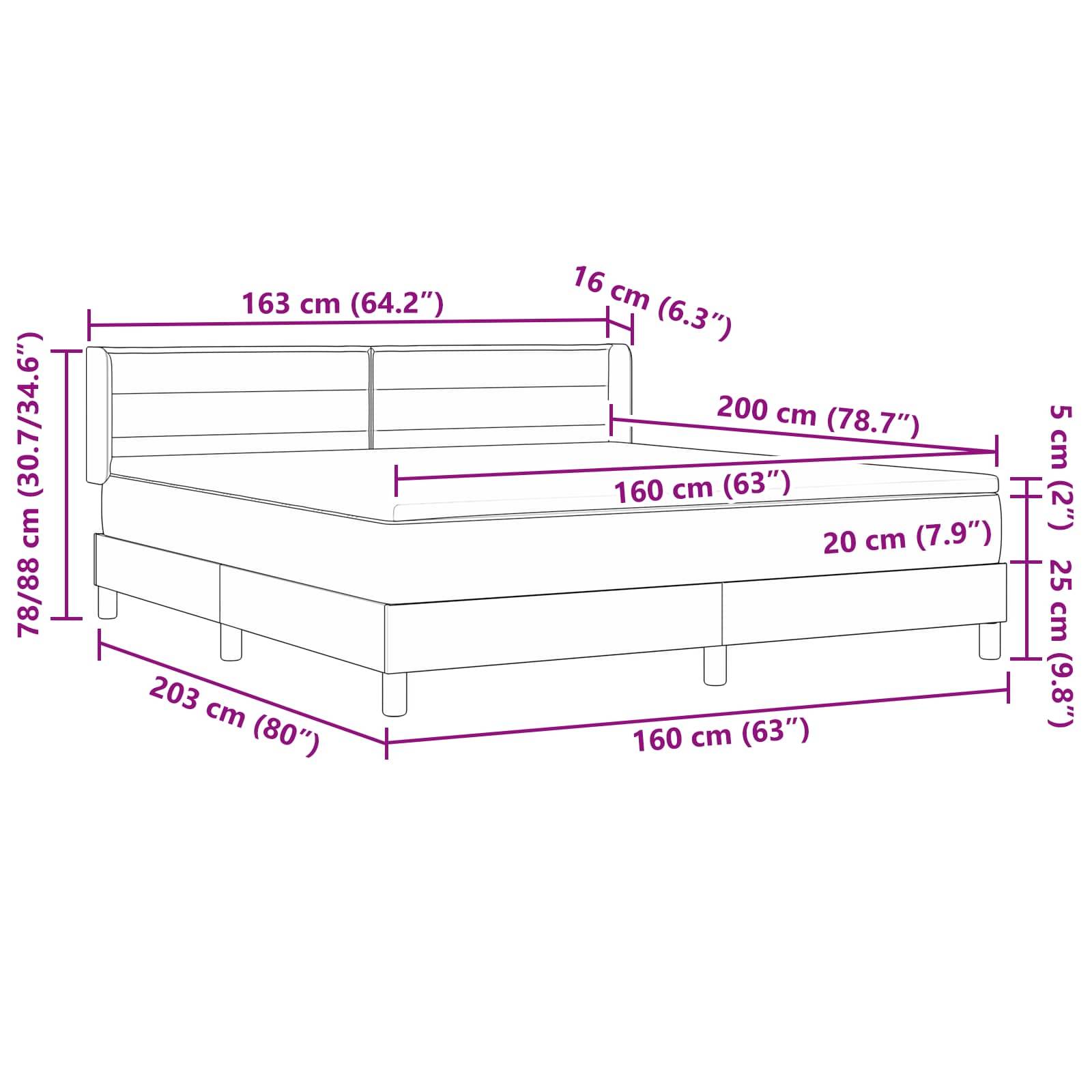Eine Skizze eines Bettes mit angegebenen Maßen: Länge 203 cm, Breite 163 cm, Kopfbretthöhe 78/88 cm, Matratzenhöhe 25 cm.