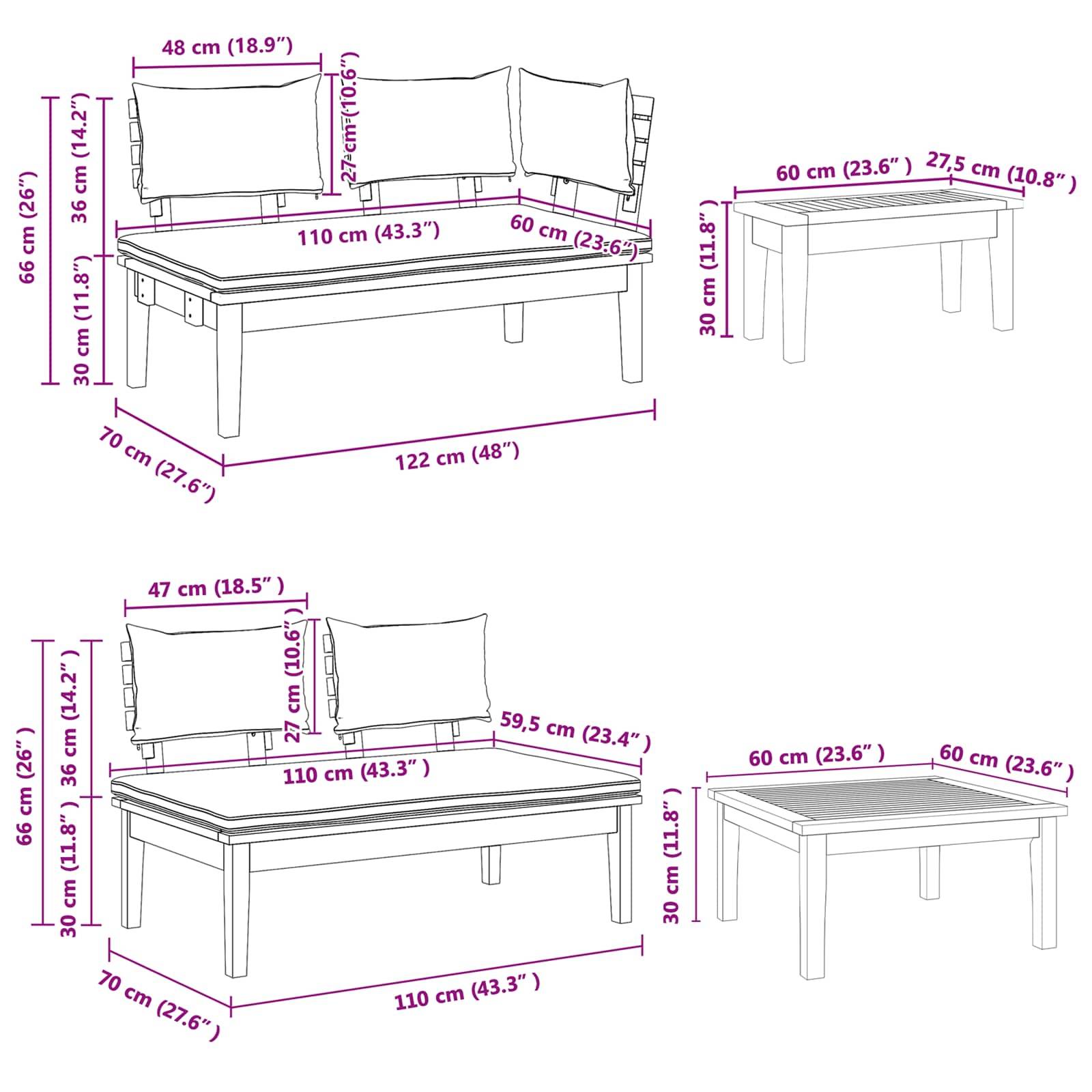 Gartenmöbel-Set bestehend aus Sofa, Bank und Tisch. Das Sofa ist 122 cm breit mit Kissen. Bank und Tisch sind jeweils 60 cm breit. Die Höhe beträgt 66 cm.