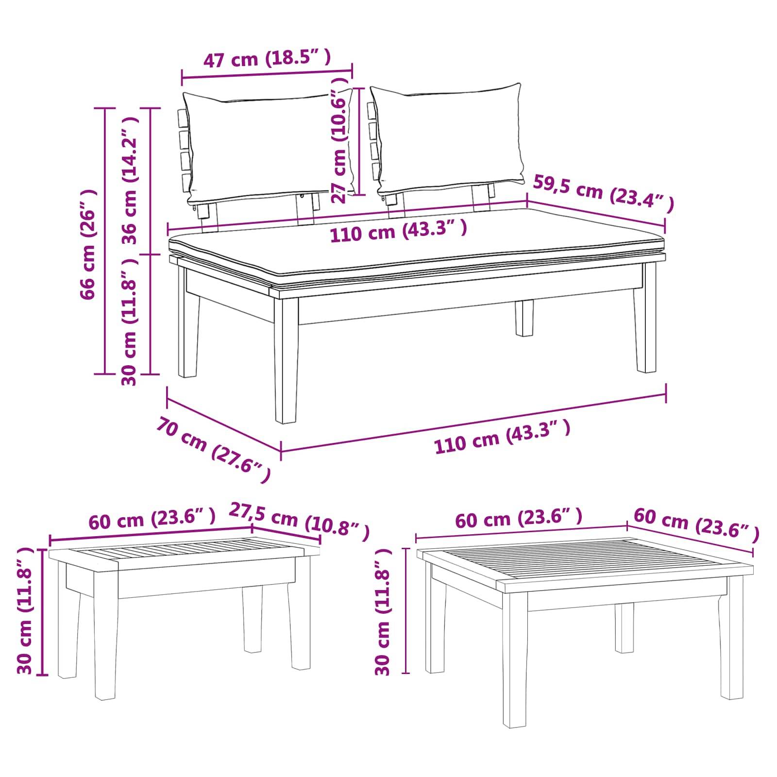 Eine technische Zeichnung eines modularen Sitzmöbel-Sets mit Maßangaben: eine Bank (110 cm breit, 66 cm hoch), Beistelltisch und Couchtisch.