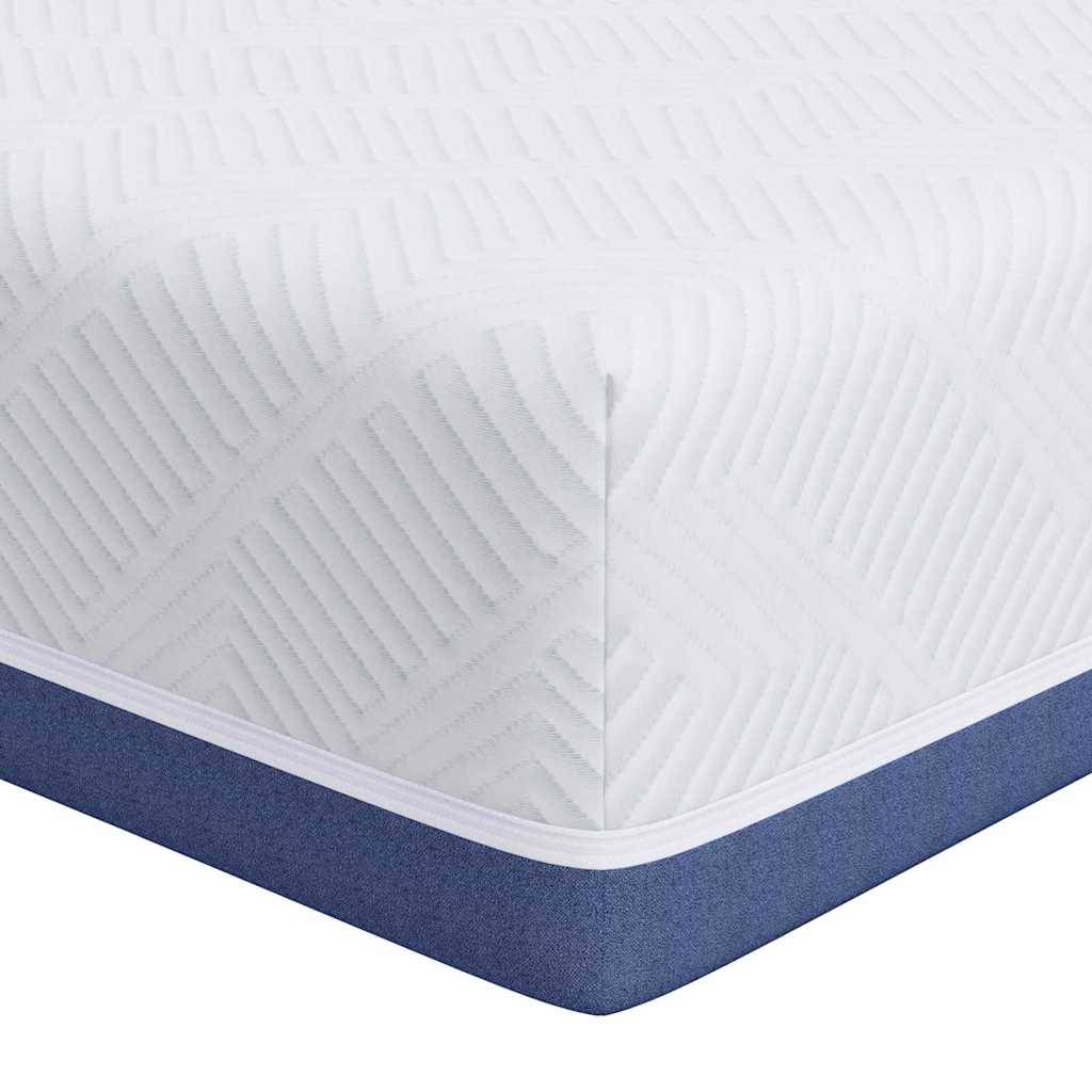 Ecke einer Schaumstoffmatratze mit strukturierter weißer Oberseite und blauen Seitenflächen, die ihr Design und Oberflächenmuster zeigt.
