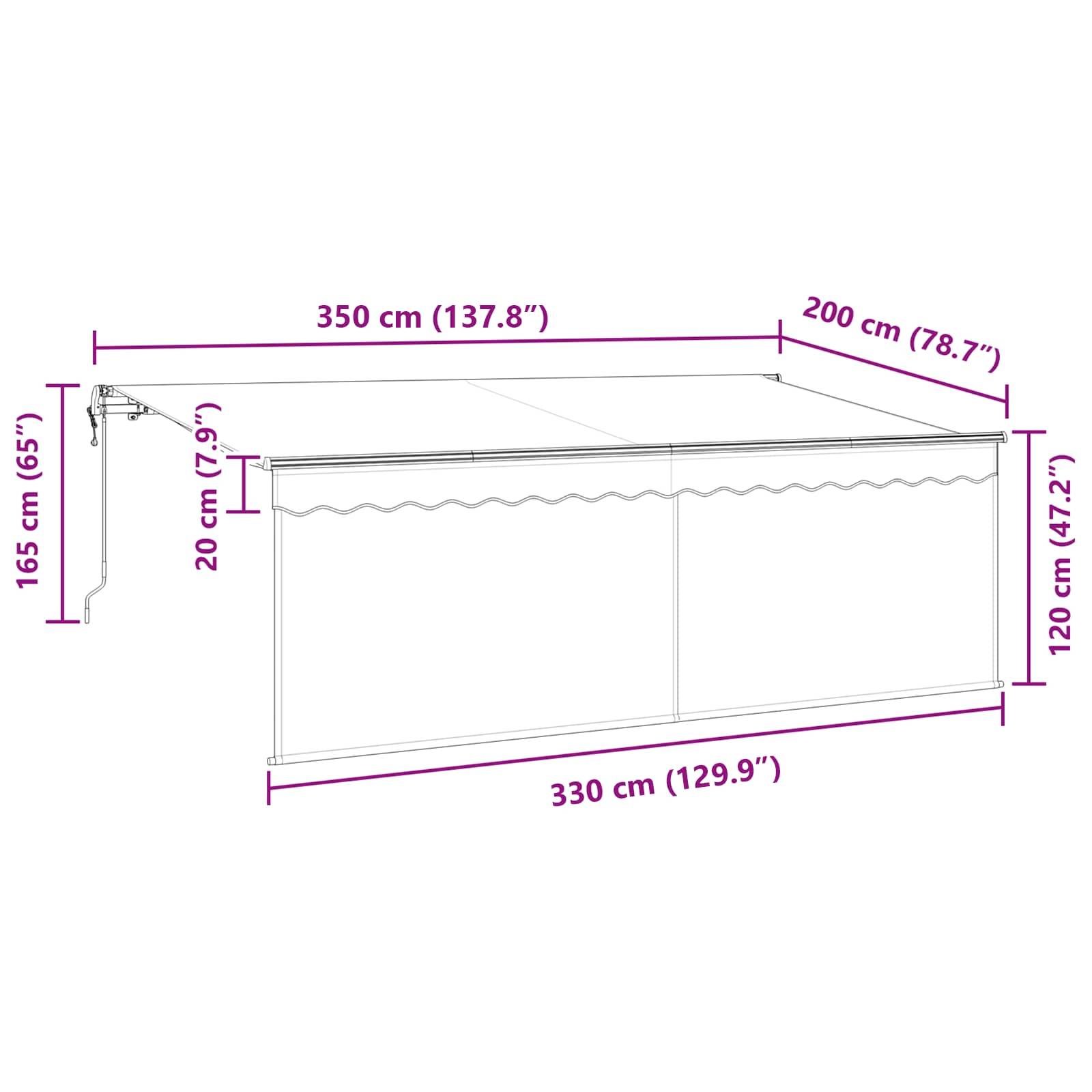 Diagramm einer einfahrbaren Markise mit Abmessungen: 350 cm (137,8
