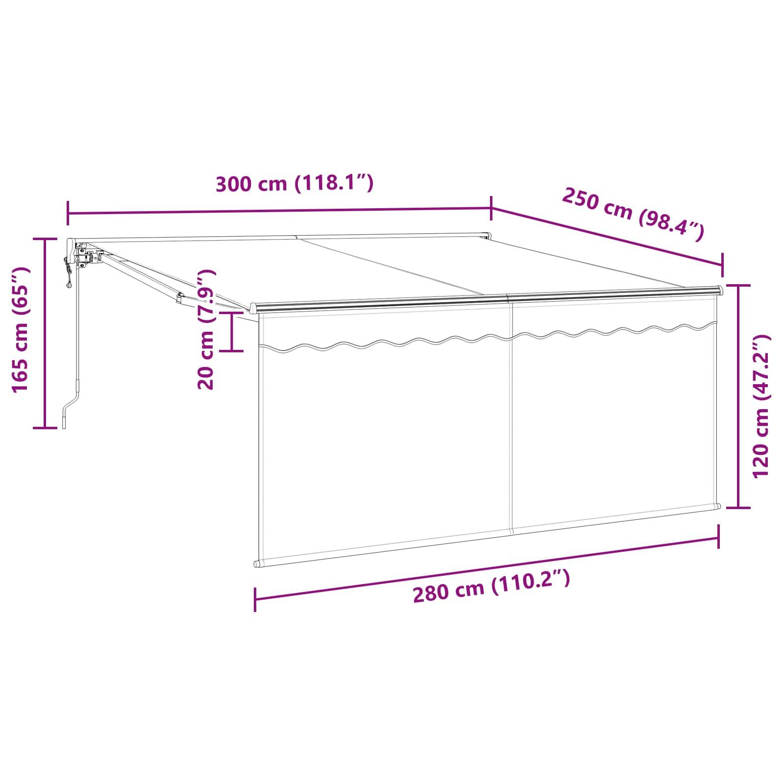 Ausfahrbares Markisenschema mit Abmessungen: Breite 300 cm, Ausfahrlänge 250 cm, Höhe 165 cm, Vorderbreite 280 cm und Fallhöhe 120 cm.