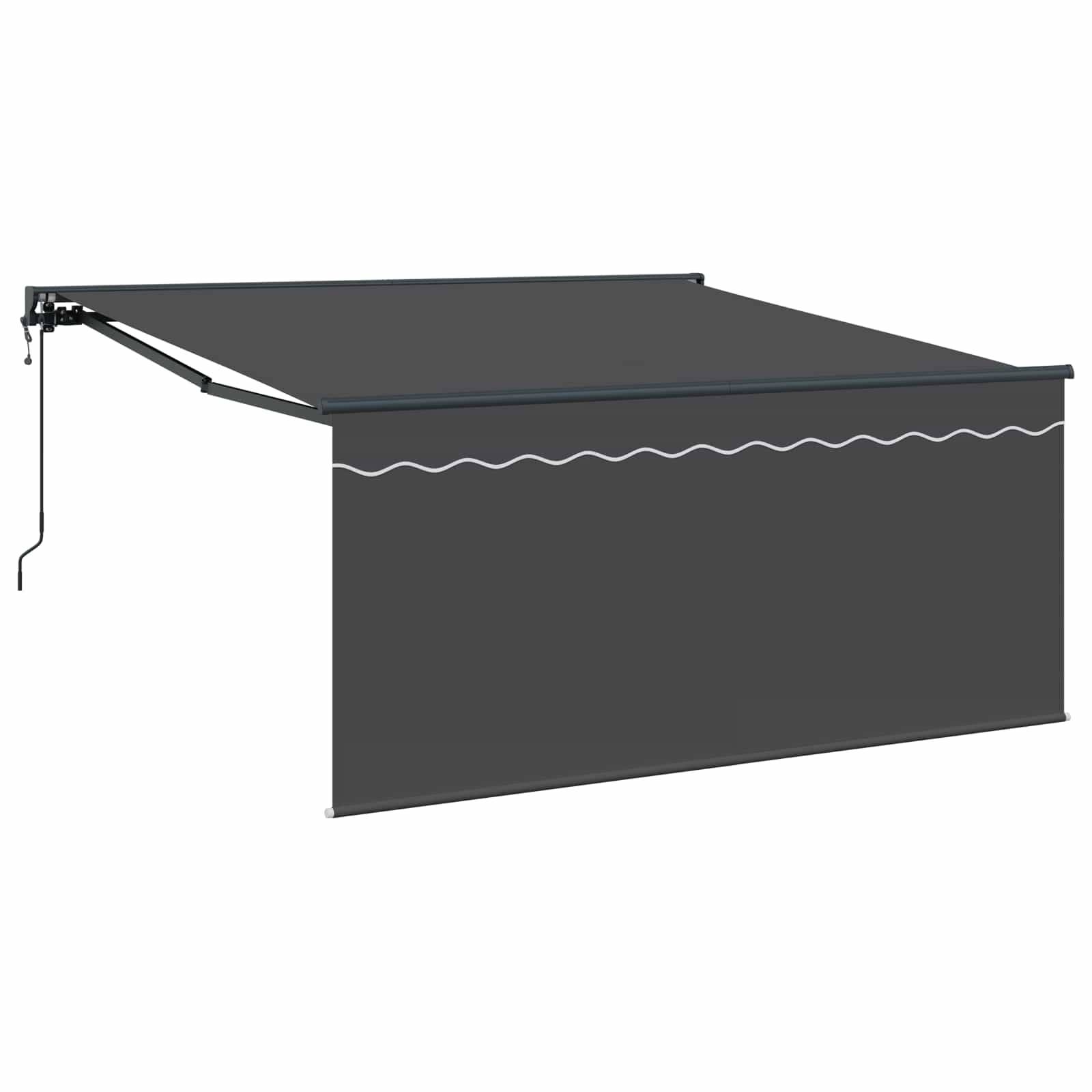 Einziehbare dunkelgraue Terrassenmarkise mit gewelltem Saum, ausgefahren um Schatten zu spenden, an einer Wandhalterung befestigt.
