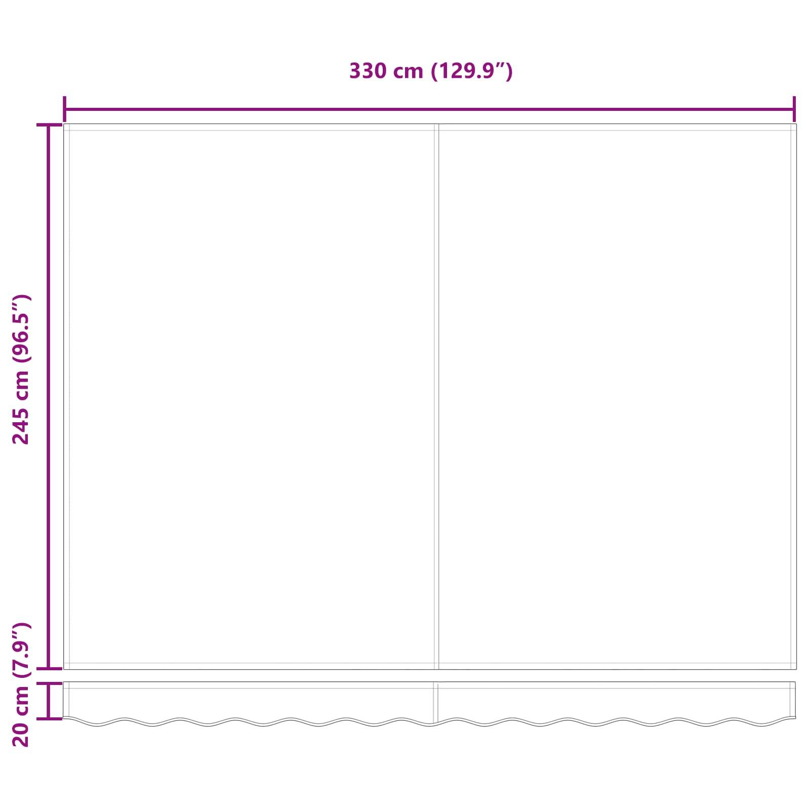 Diagramm einer Jalousie mit 330 cm (129,9 Zoll) Breite und 245 cm (96,5 Zoll) Höhe, mit einem 20 cm (7,9 Zoll) breiten Sockelabschluss.