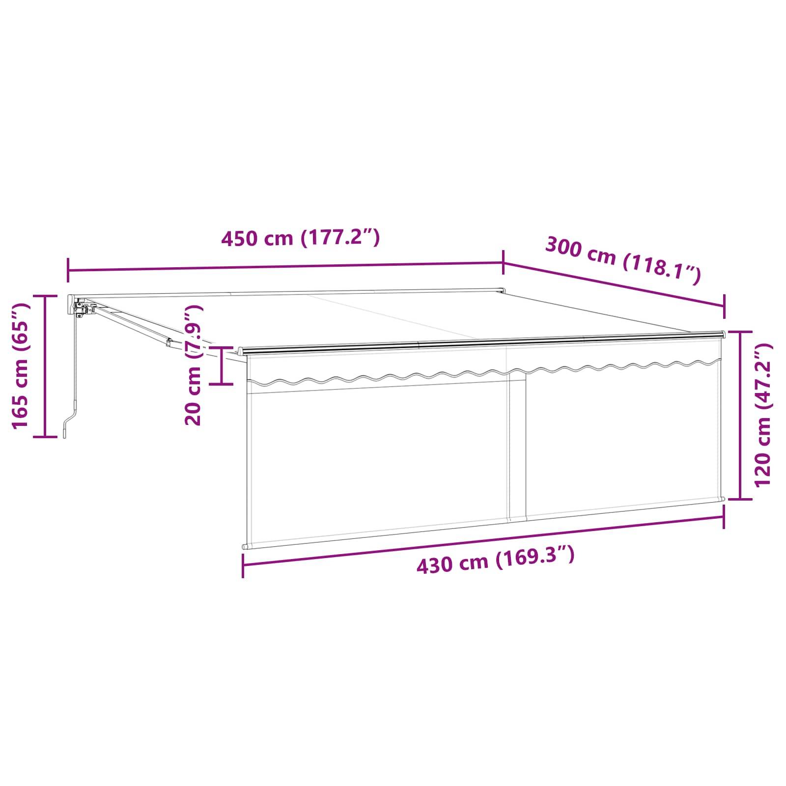 Diagramm einer Markise mit Abmessungen: 450 cm breit, 300 cm tief und 165 cm hoch. Absenkung beträgt 20 cm, Höhe vom Boden 120 cm.
