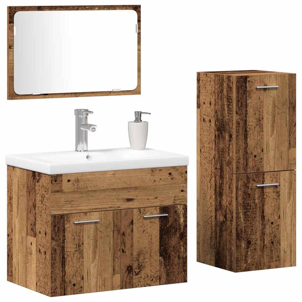 Badezimmer-Set bestehend aus einem Holz-Waschtisch mit weißer Arbeitsplatte, angebrachtem Spiegel, Waschbecken mit Wasserhahn, Seifenspender und einem hohen, passenden Schrank.